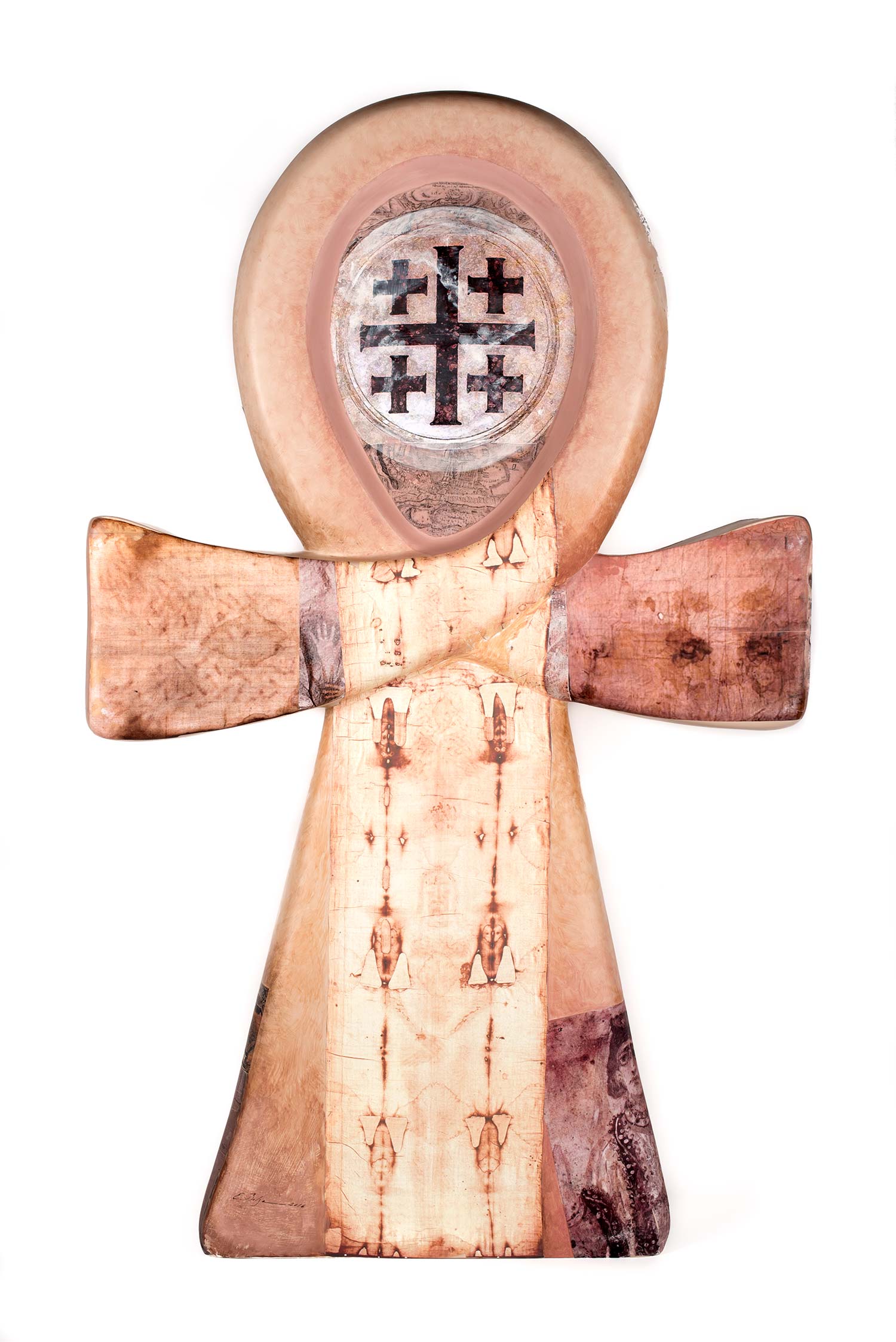 Syncretic Ankh Acrylics, pigments, gesso, paper, ink pen and pencil on fiberglass base with matt acrylic wax varnish finish. width 47 x height 112.5 x depth 23.5 cm 2016