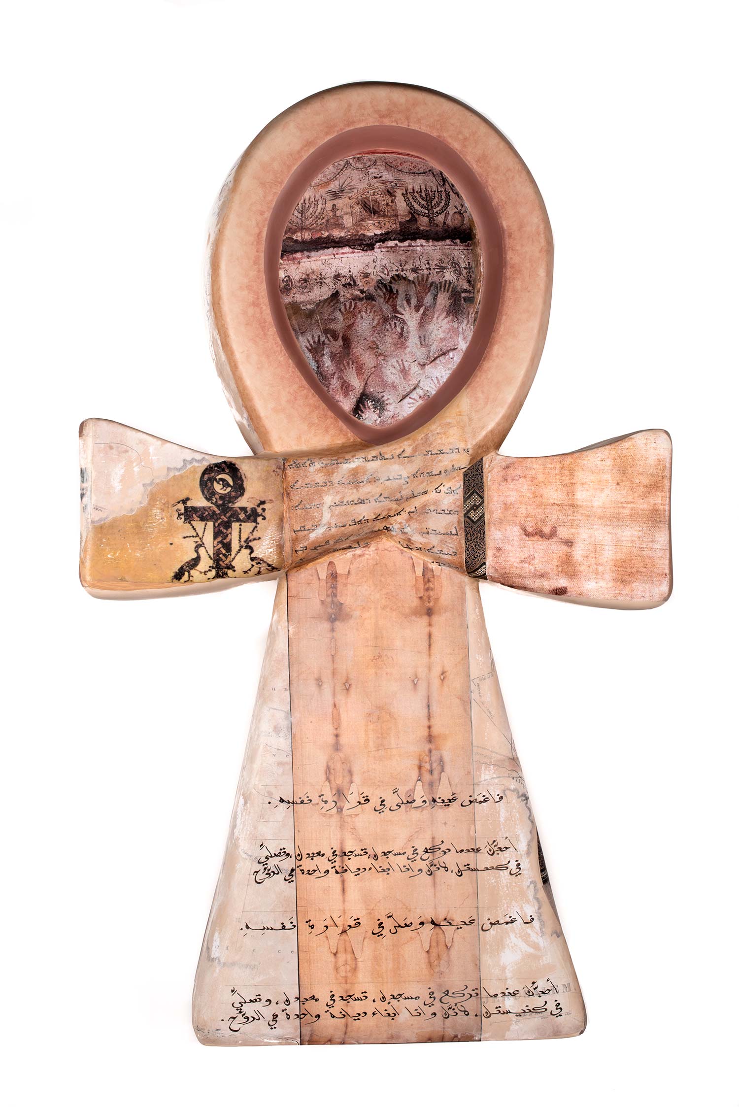 Syncretic Ankh Acrylics, pigments, gesso, paper, ink pen and pencil on fiberglass base with matt acrylic wax varnish finish. width 47 x height 112.5 x depth 23.5 cm 2016