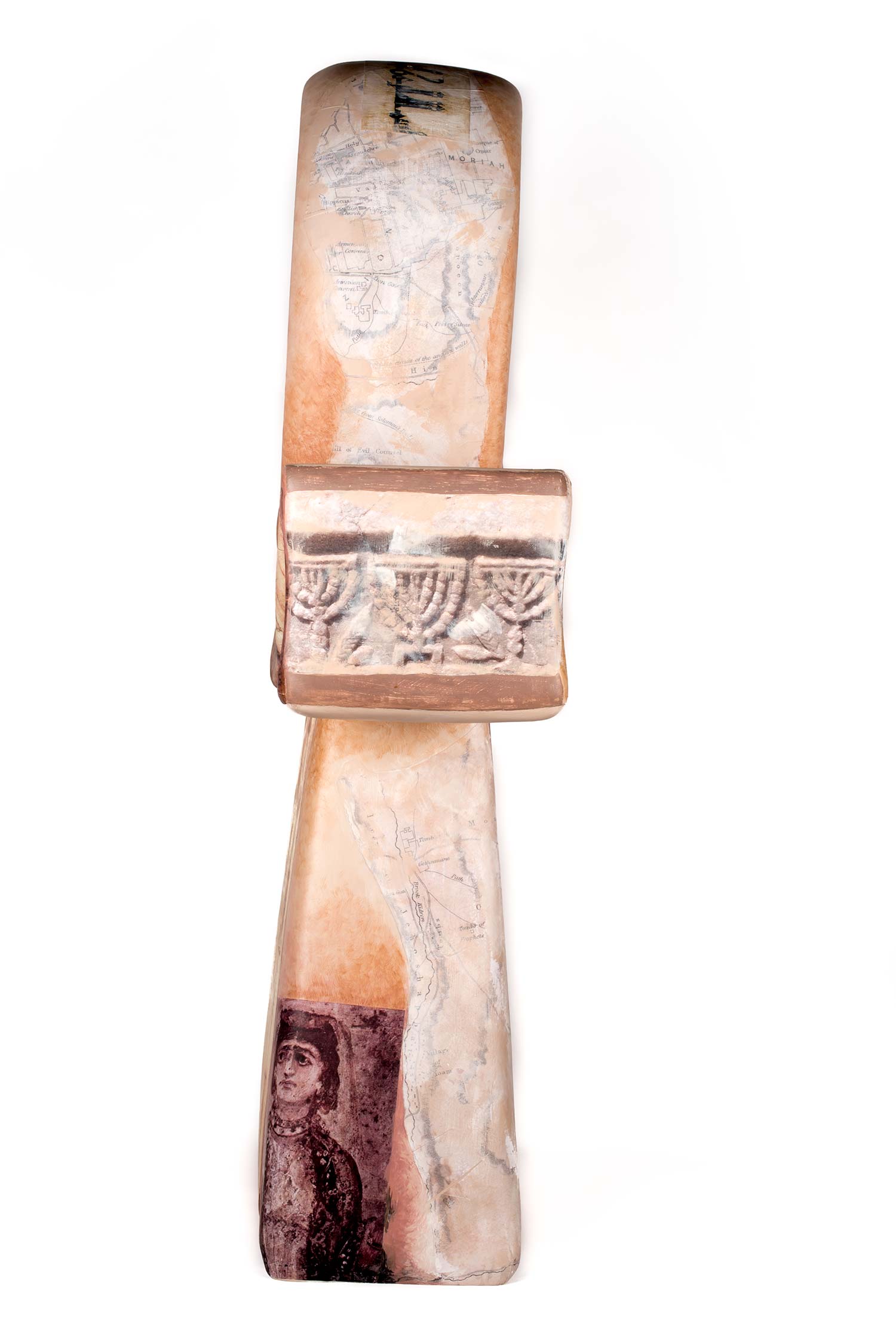 Syncretic Ankh Acrylics, pigments, gesso, paper, ink pen and pencil on fiberglass base with matt acrylic wax varnish finish. width 47 x height 112.5 x depth 23.5 cm 2016