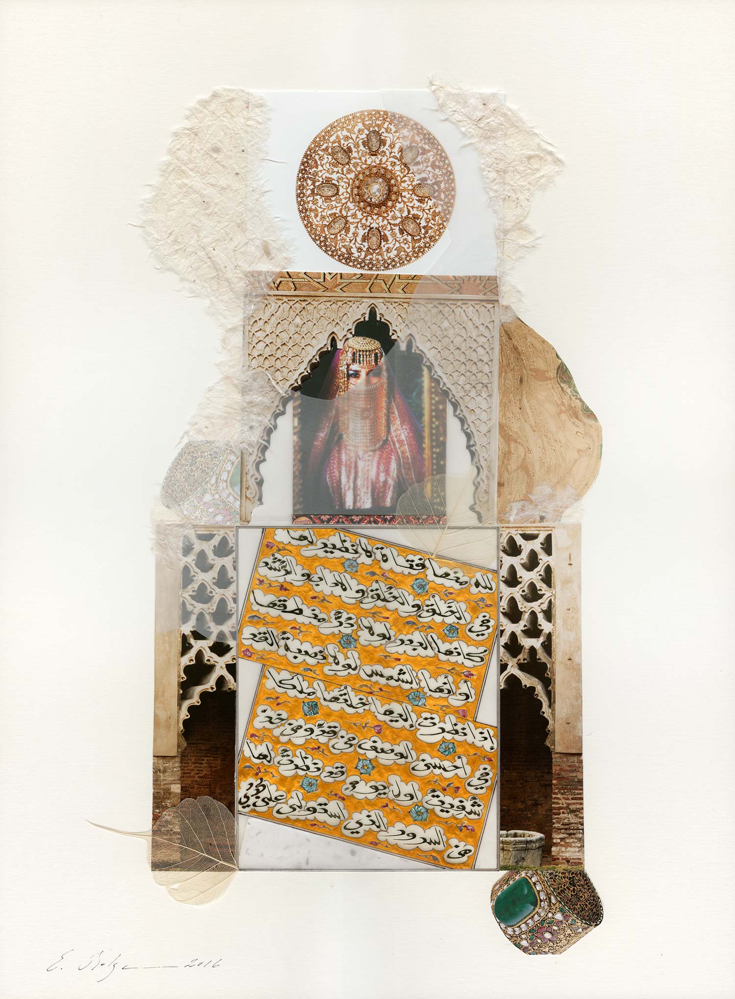   Bride  Private Collection Medina, Kingdom of Saudi Arabia Paper, Indian ink, watercolour,&nbsp;gold,&nbsp;dried leaf and gesso on solid mount board base 40 x 54 cm 2016    