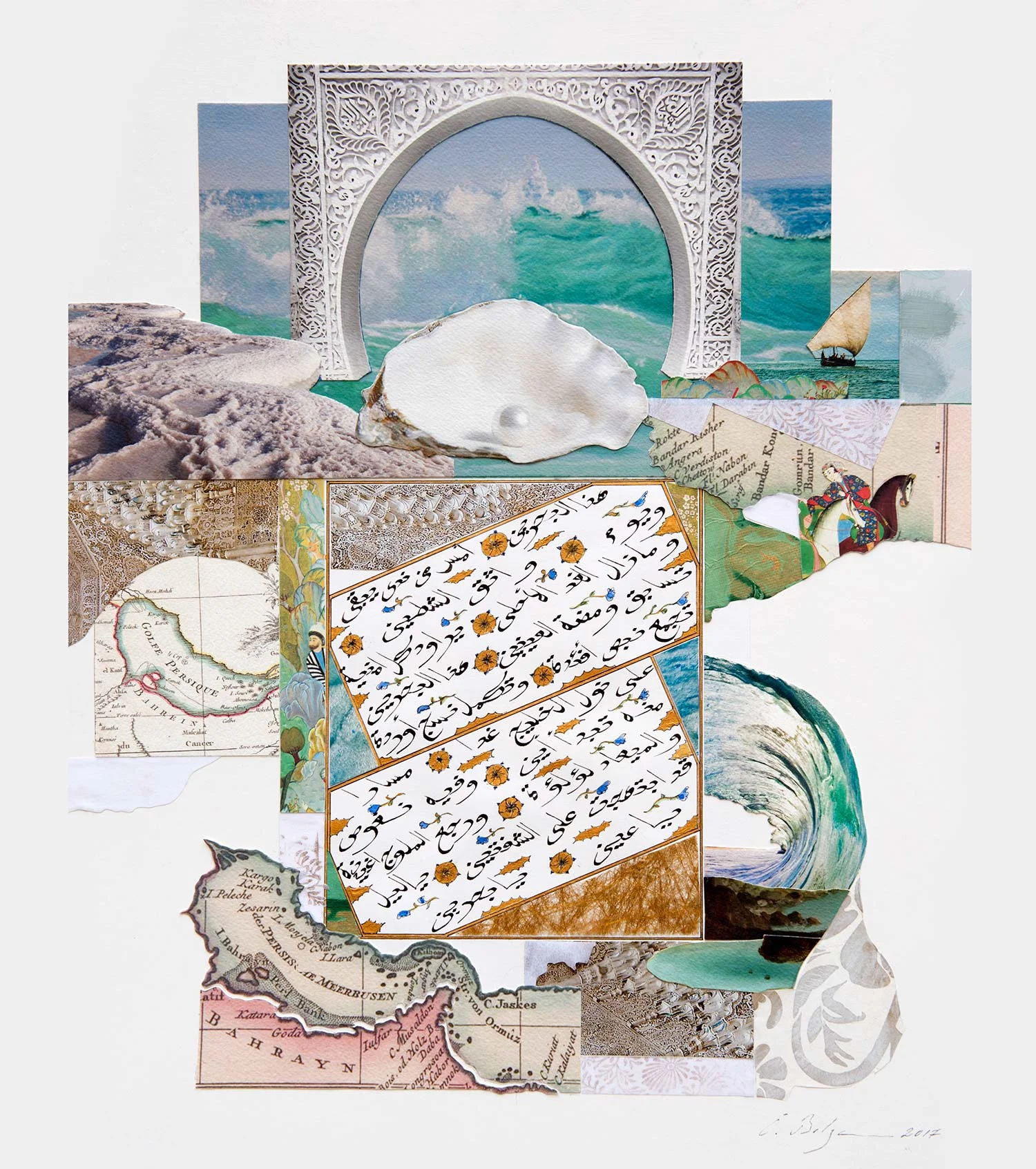 Land of Two Seas Private Collection King Hamad bin Isa bin Al-Khalifa Cotton paper, gesso, calligraphy ink, watercolour and gold on solid mount board base 45 x 34 cm 2017