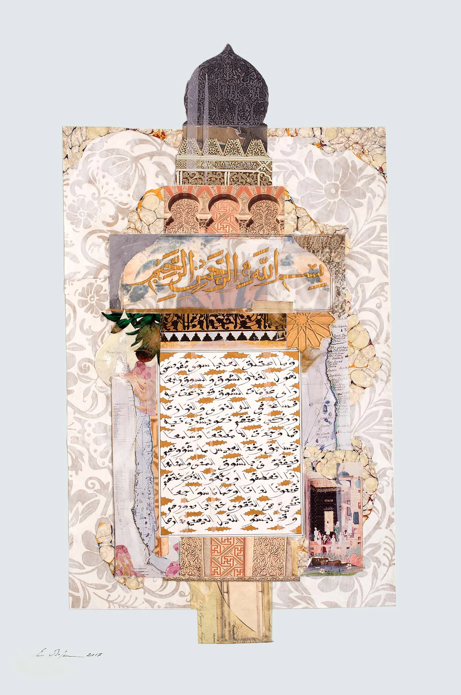 The Pilgrimage from Al Andalus to Arabia I Private Collection HRH Prince Sultan bin Salman, Kingdom of Saudi Arabia Cotton paper, calligraphy ink, gold, gesso and tempera on hand painted solid mount board base 100 x 55 cm 2017
