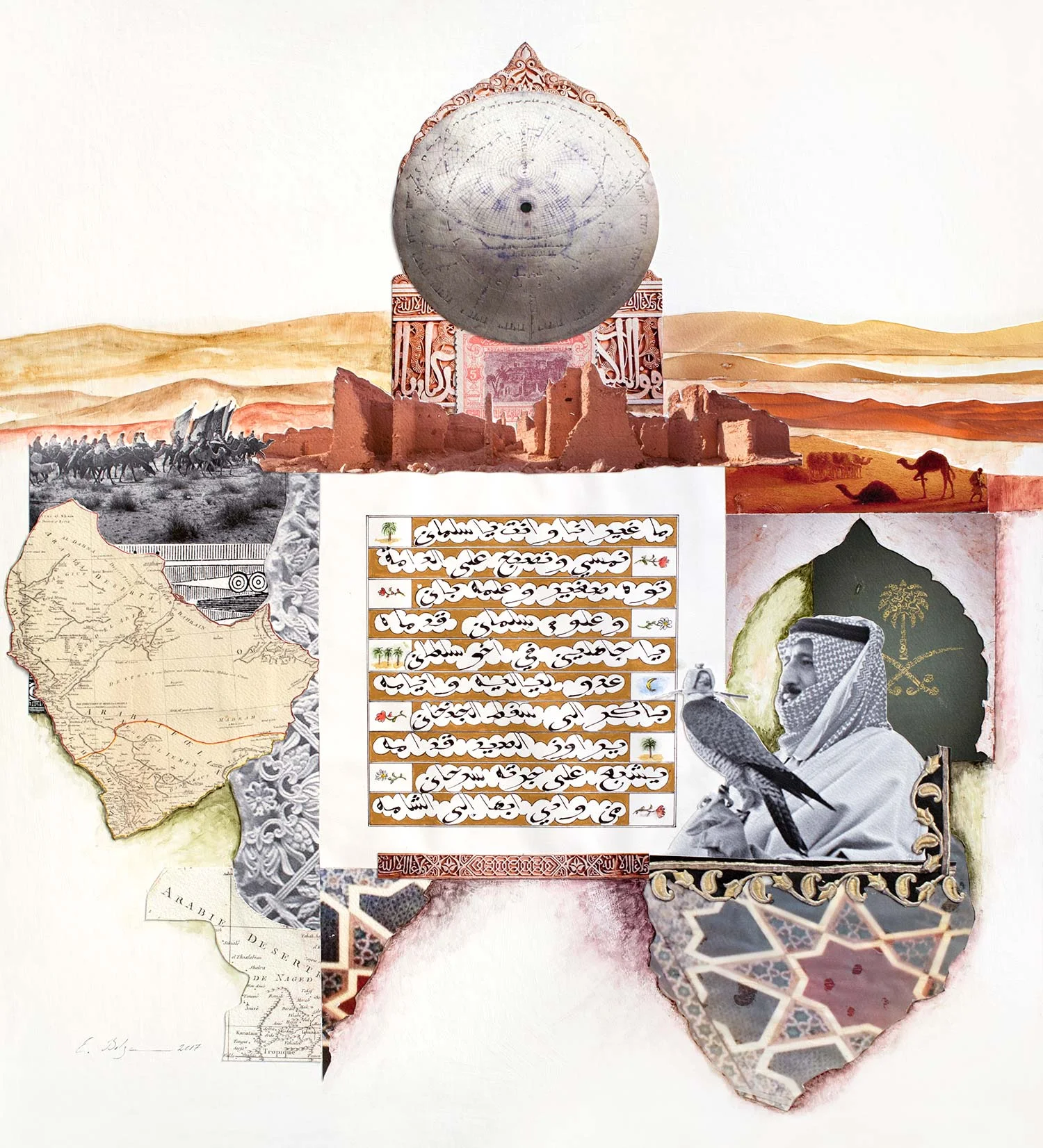Desert King Private Collection King Salman bin Abdul Aziz Al-Saud Cotton paper, gesso, watercolour, acrylics, calligraphy ink and gold on solid mount board base 60 x 55 cm 2017