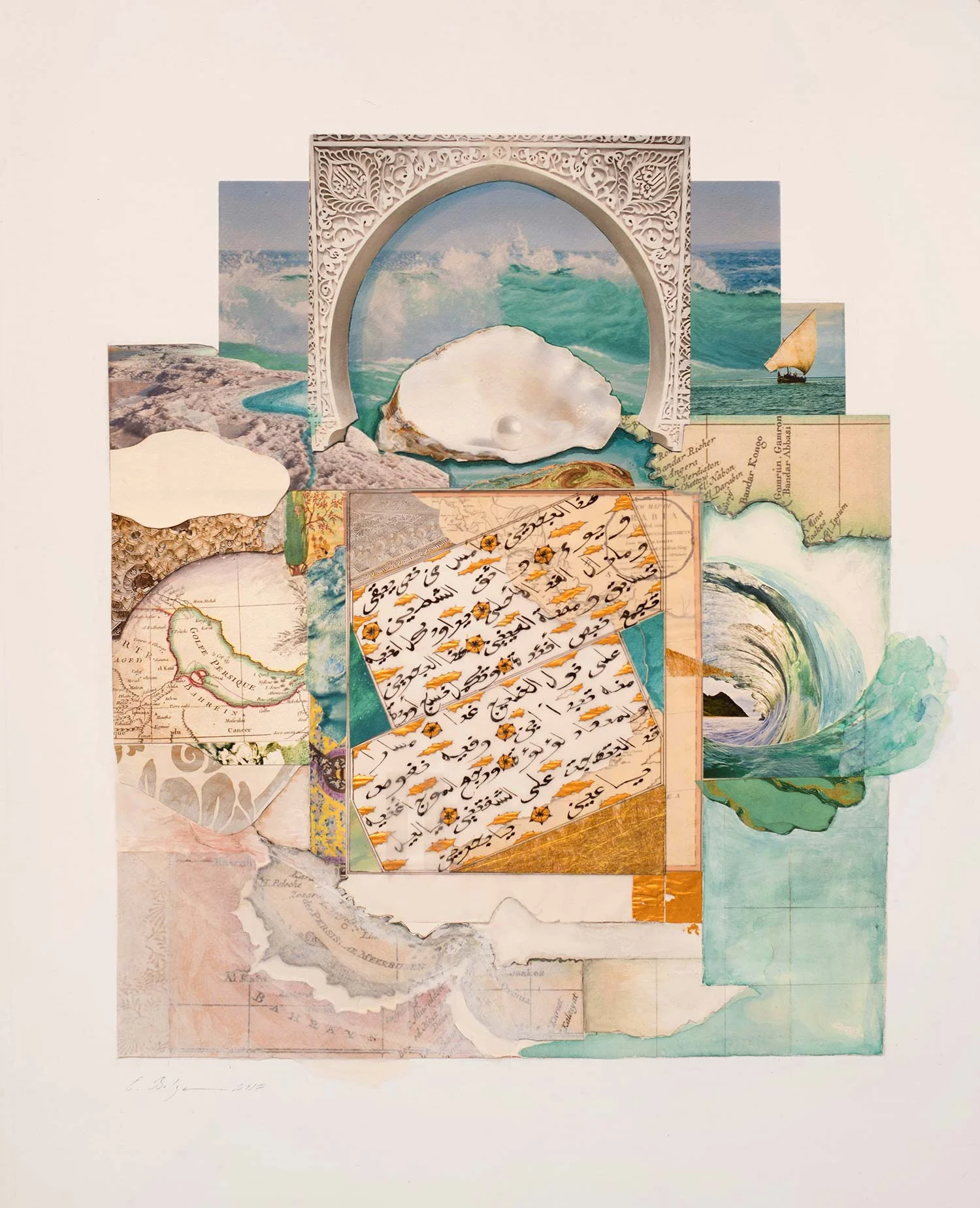 Land of Two Seas Paper, gesso, watercolour, calligraphy ink and gold on solid cotton mount board base w 53.5 x h 74 cm 2017 