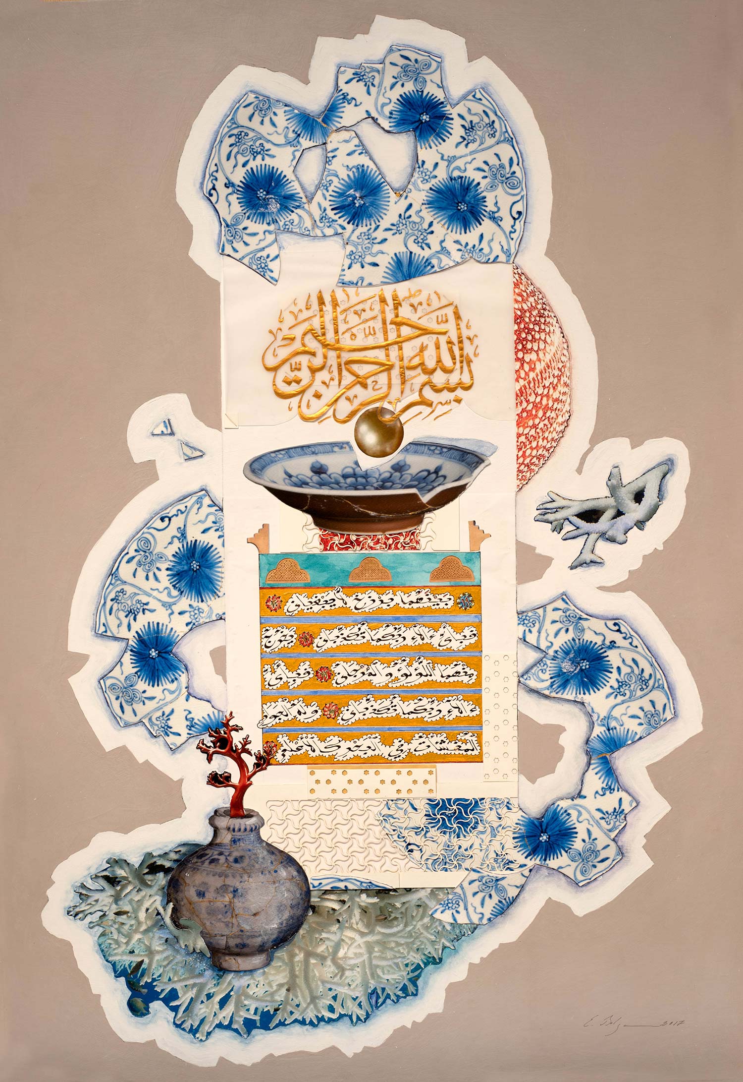 Sacred Metaphors with Blue Plate Cotton Paper, gesso, acrylics, tempera, calligraphy ink and gold on solid cotton mount board base w 55 x h 80 cm 2017 