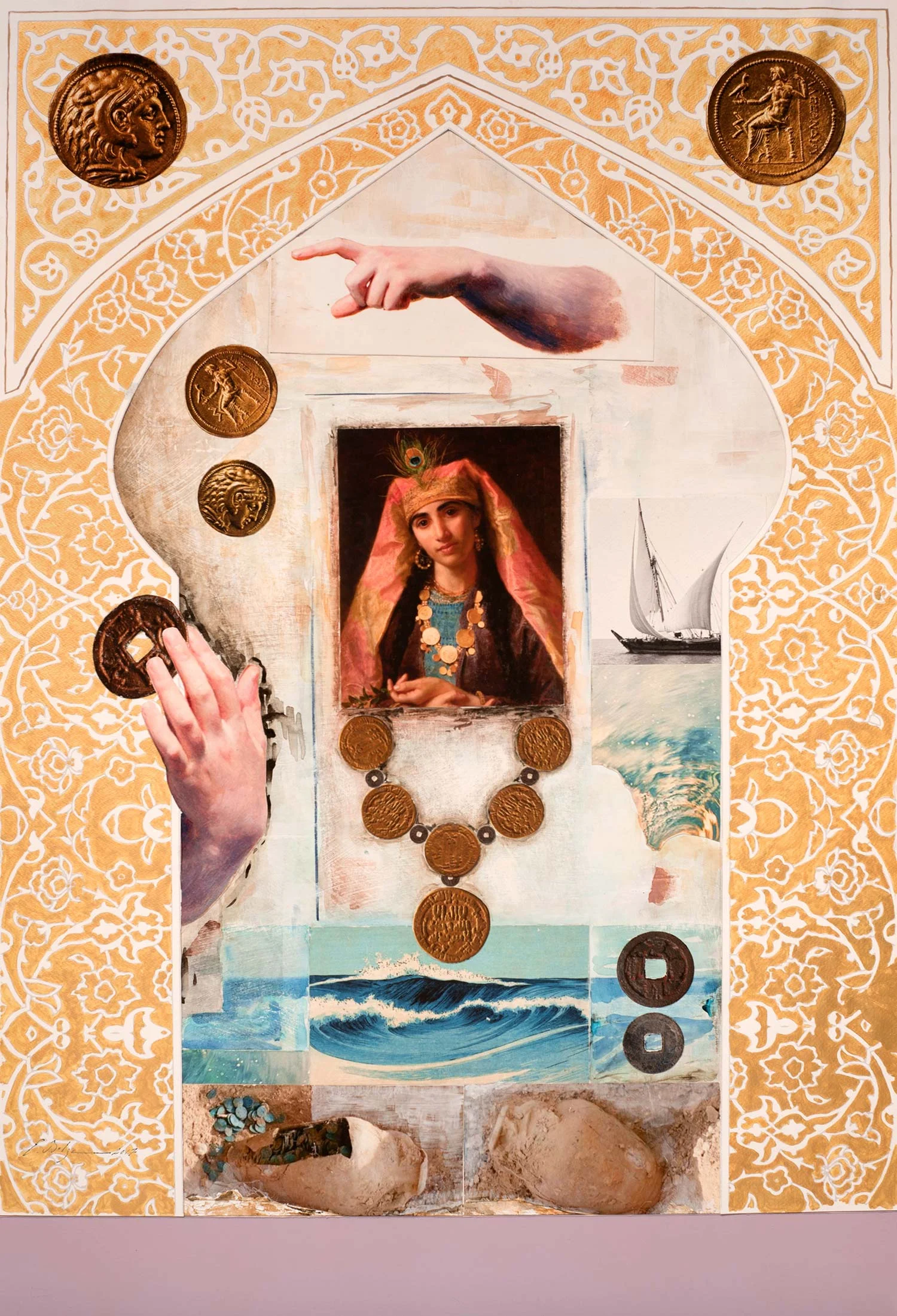 Hands of Time with Coins Cotton Paper, gesso, acrylics and tempera on solid cotton mount board base w 61 x h 89.5 cm 2017 
