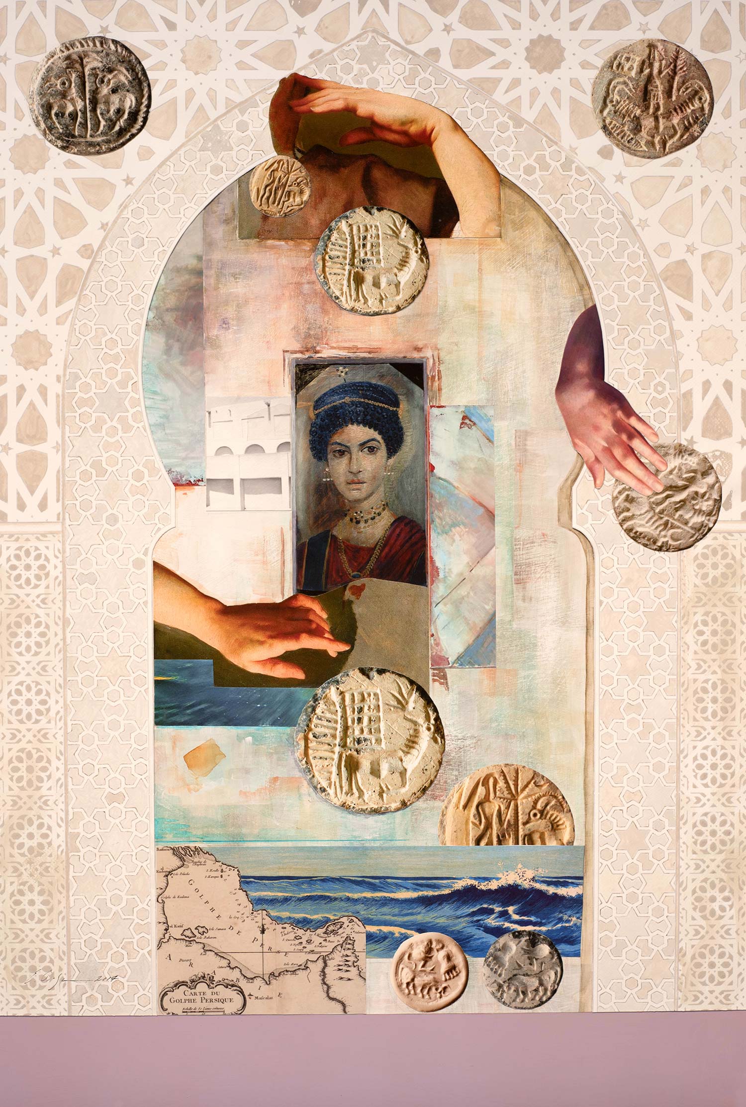 Hand of Time with Seals Cotton Paper, gesso, acrylics and tempera on solid cotton mount board base w 60 x h 89 cm 2017