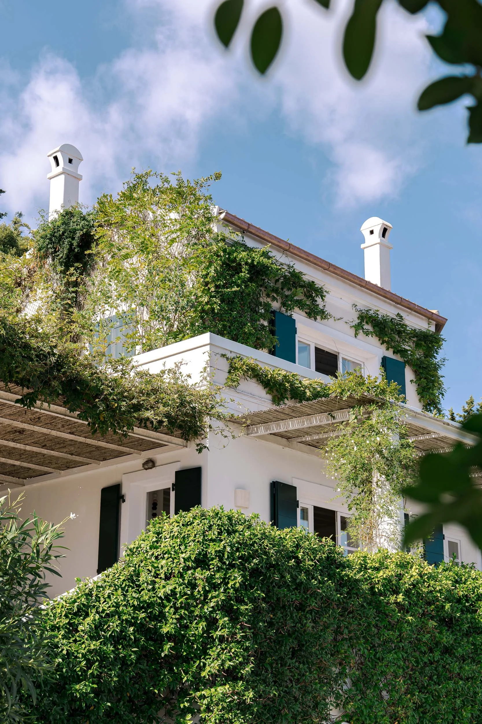 A white house with dark green shutters, surrounded by lush greenery and climbing plants, under a partly cloudy blue sky.