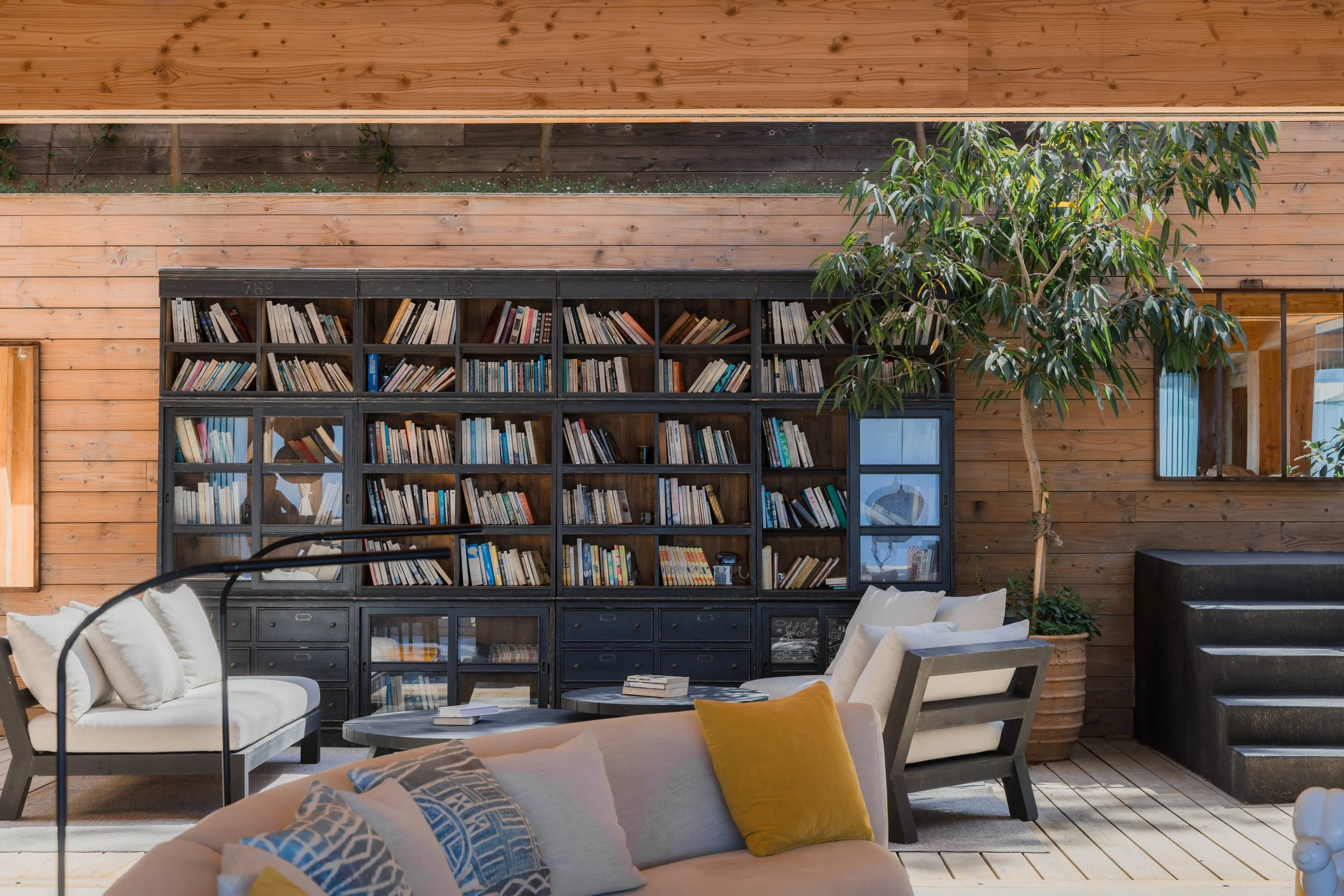 Interior of a cozy living room with wooden walls, a tall black bookshelf filled with books, a large potted tree, and comfortable seating including sofas and chairs.