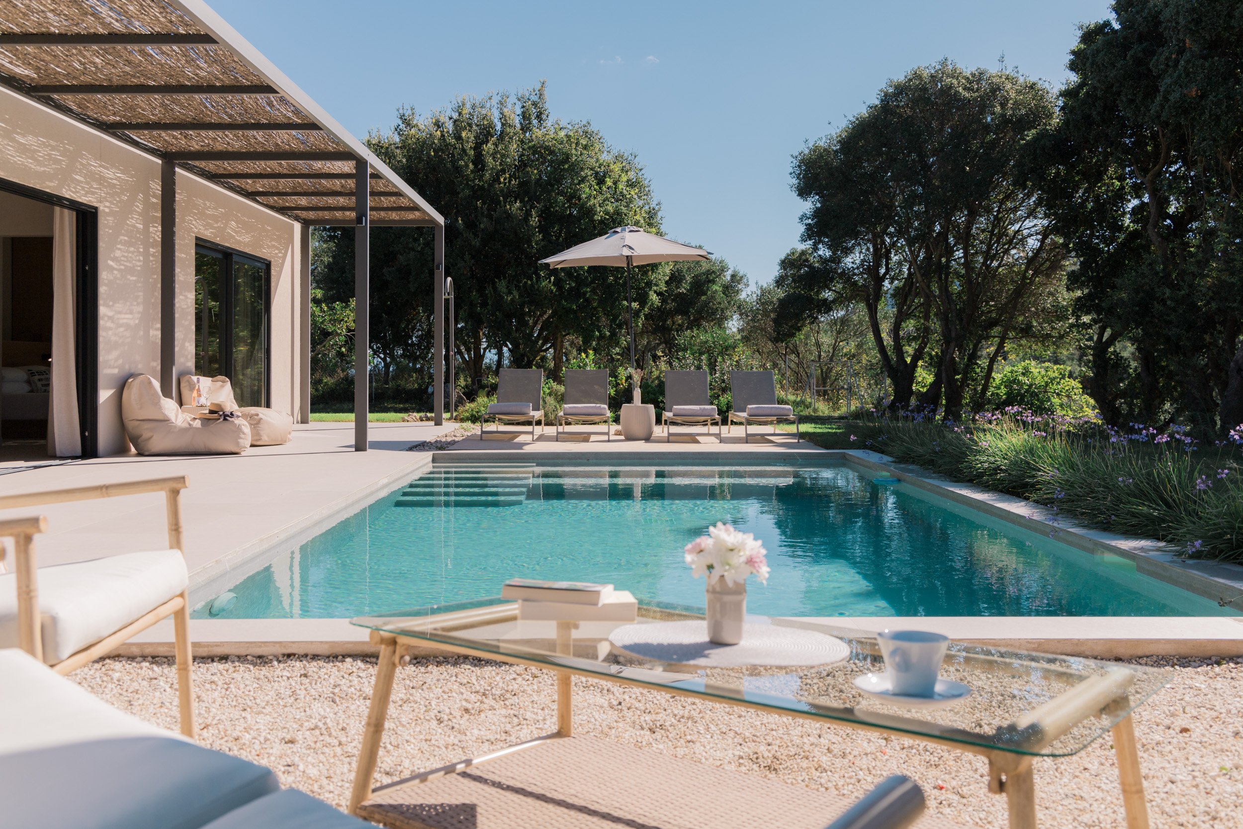 A backyard scene with a swimming pool, surrounded by chairs, an umbrella, and greenery, with a house on the left side.