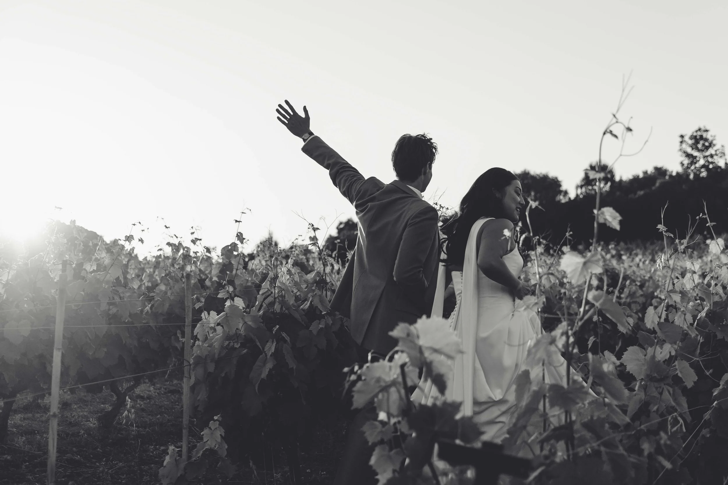 A black and white photo of a couple, dressed in formal attire, walking through a vineyard at sunset, smiling and enjoying each other's company.