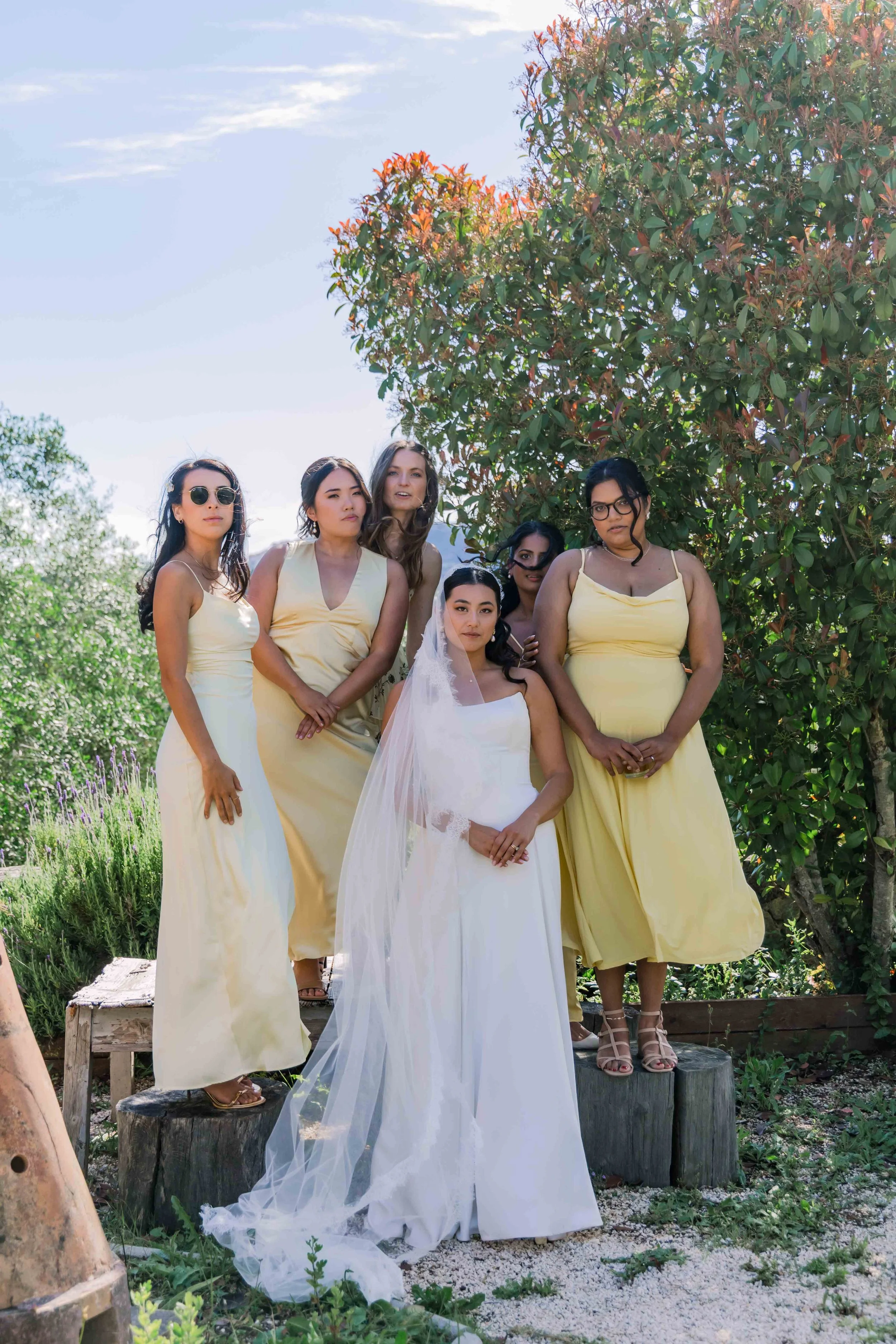 A group of six women, including a bride in a white wedding dress with a veil, are outdoors posing on wooden stumps next to a tree and purple flowers under a clear blue sky.