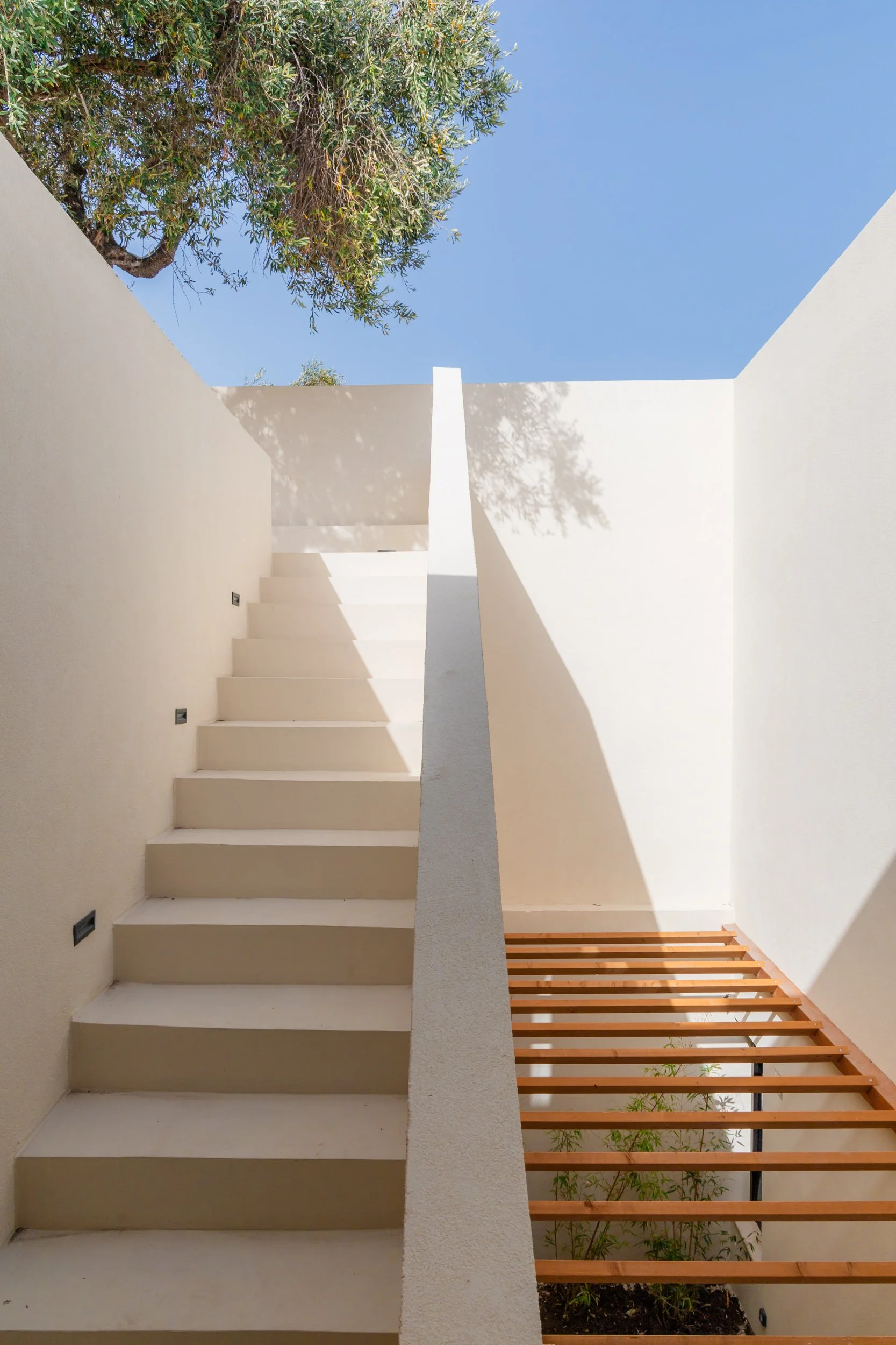 A modern outdoor staircase with white steps and beige walls, top view showing a blue sky and tree shadows.