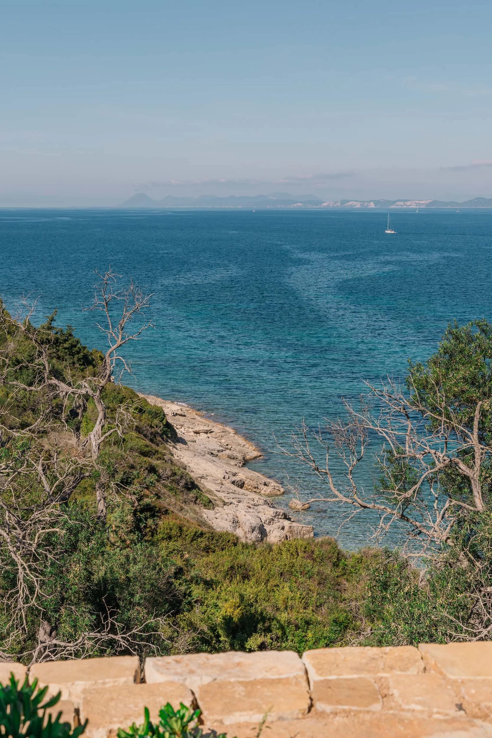 A coastal scene with a rocky beach, leafless trees, and green bushes in the foreground, and the ocean with a sailboat and distant mountains in the background.