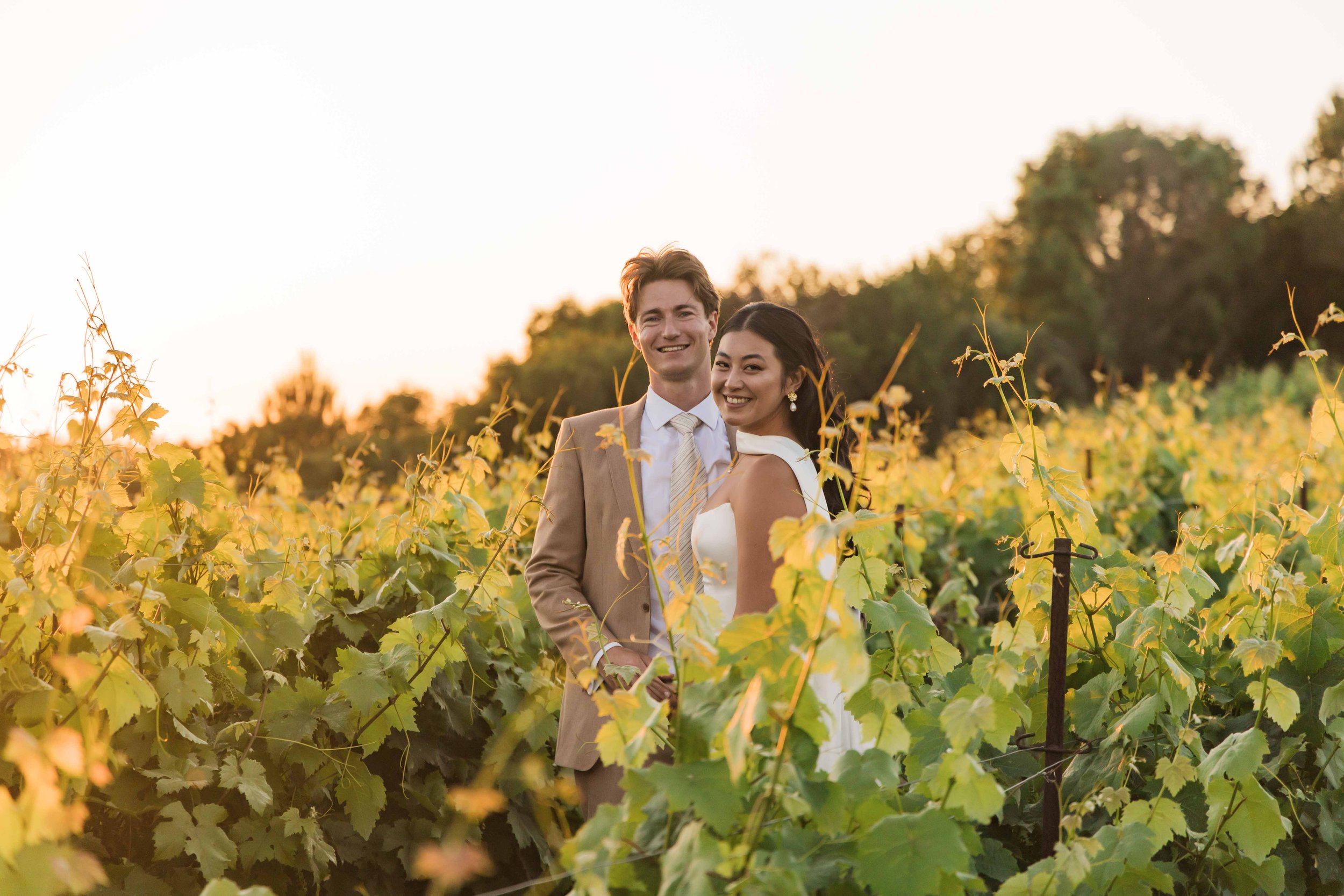 A smiling couple in formal attire standing in a vineyard during sunset.
