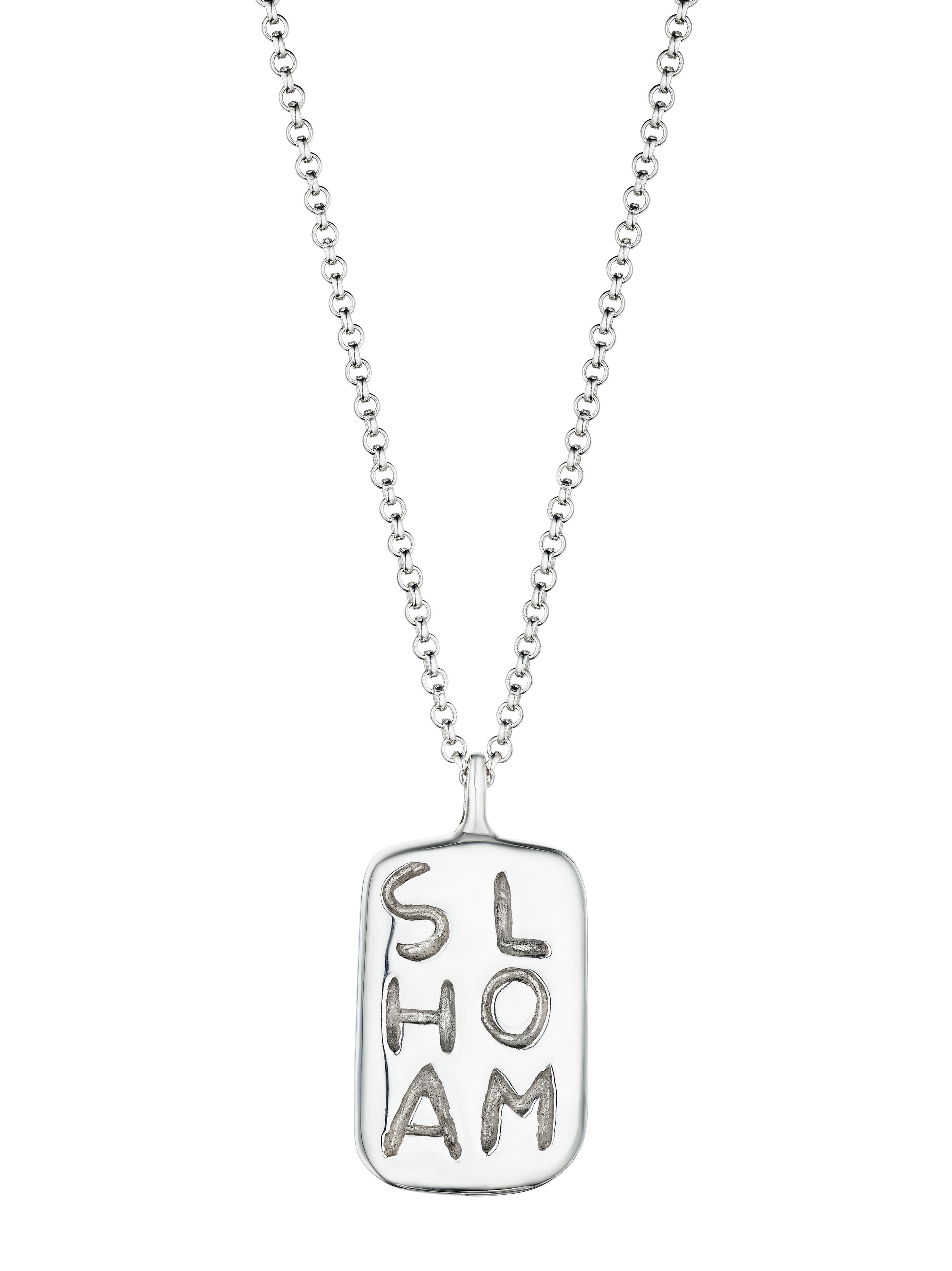Hand-carved sterling silver Shalom pendant necklace by Jessica Biales.