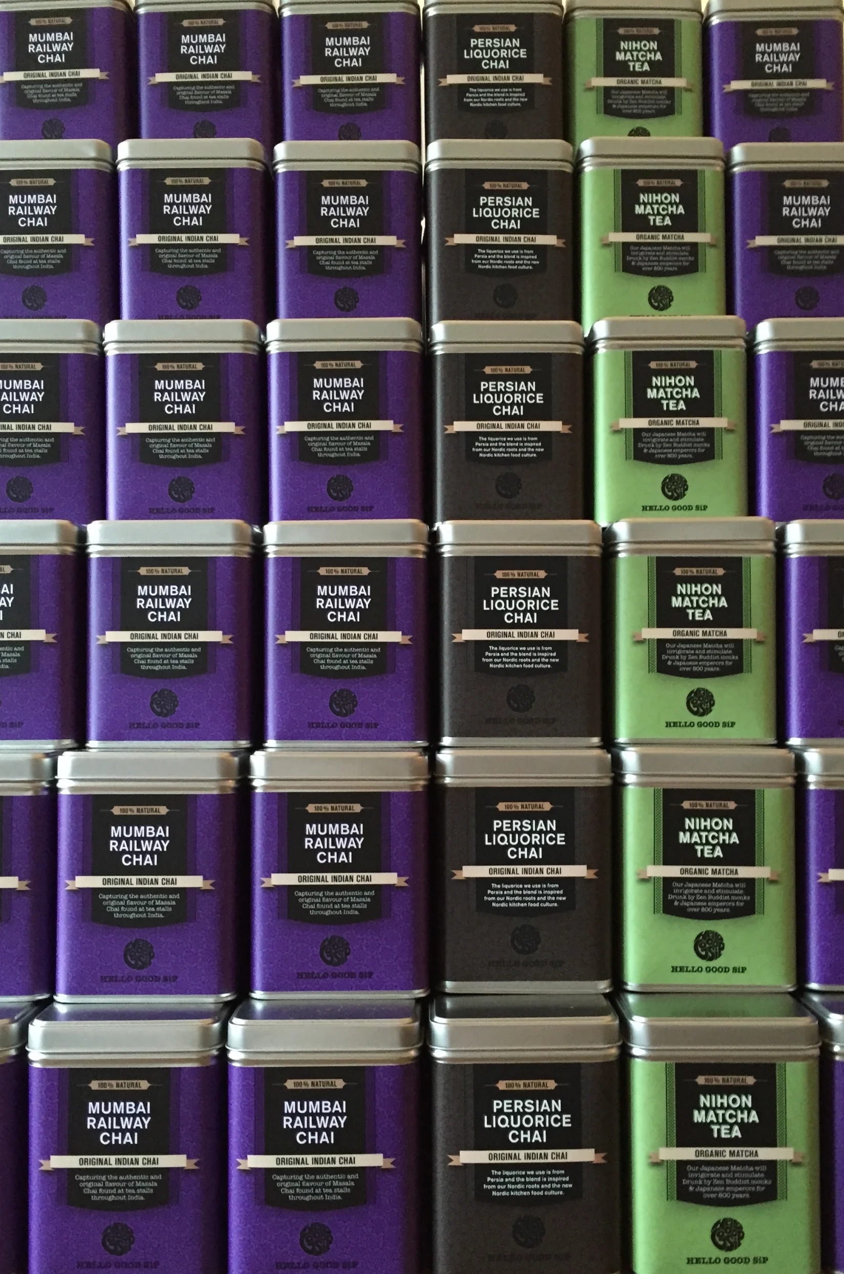 Hello Good Sip retail tins