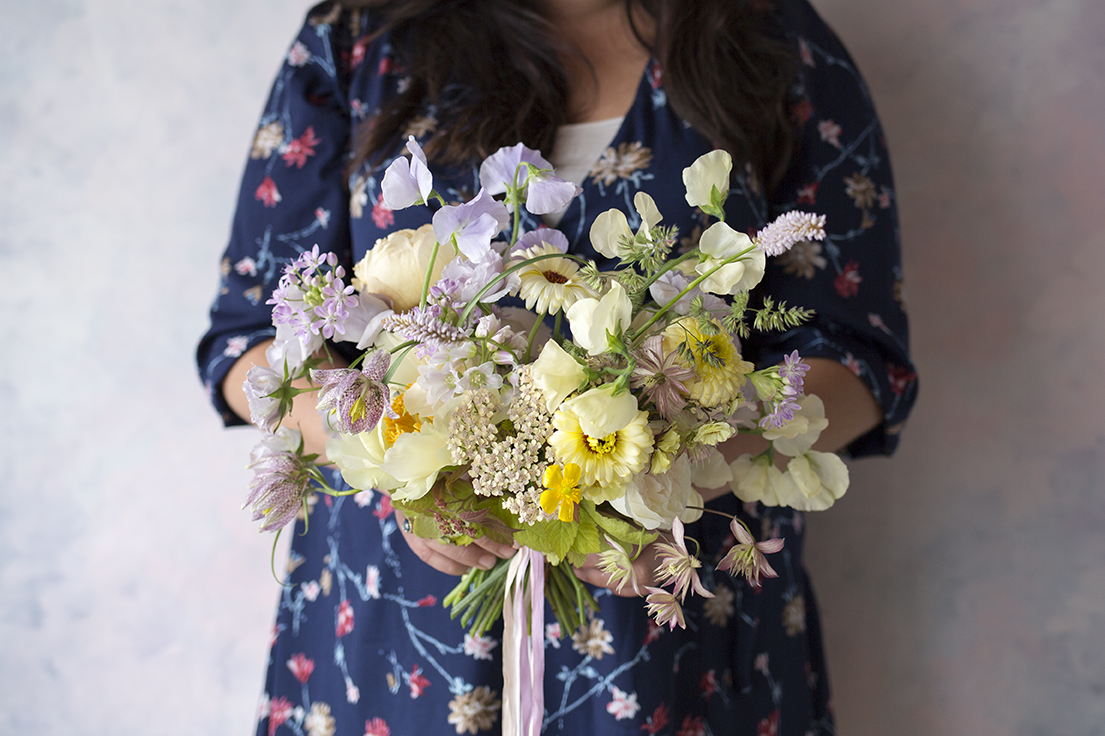 Samantha's bouquet - a collision of spring and early summer flowers - Clare de Lune peonies, yarrow, calendula, Fritillaria meleagris, clematis and alliums.