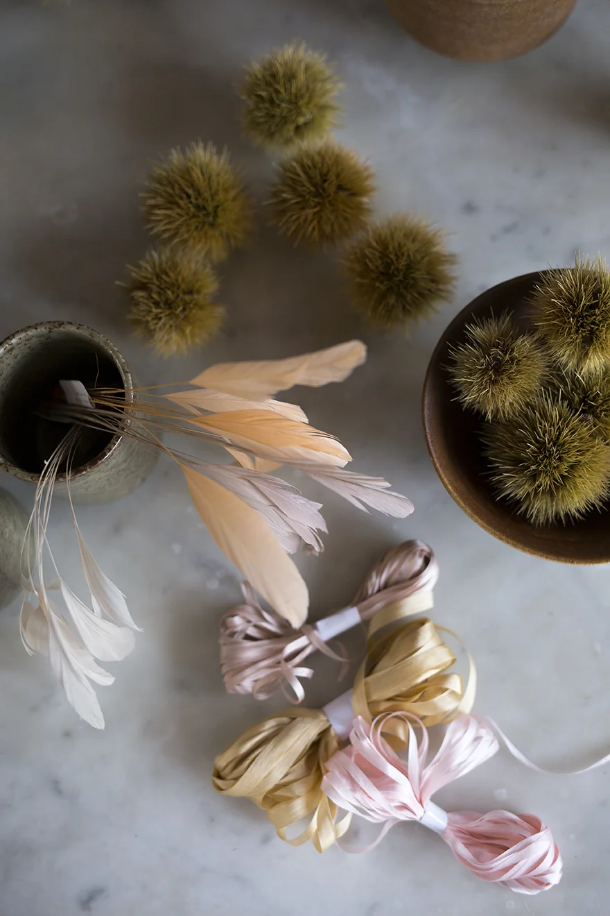 Feathers and ribbons for wedding buttonholes at Aesme Flower Studio