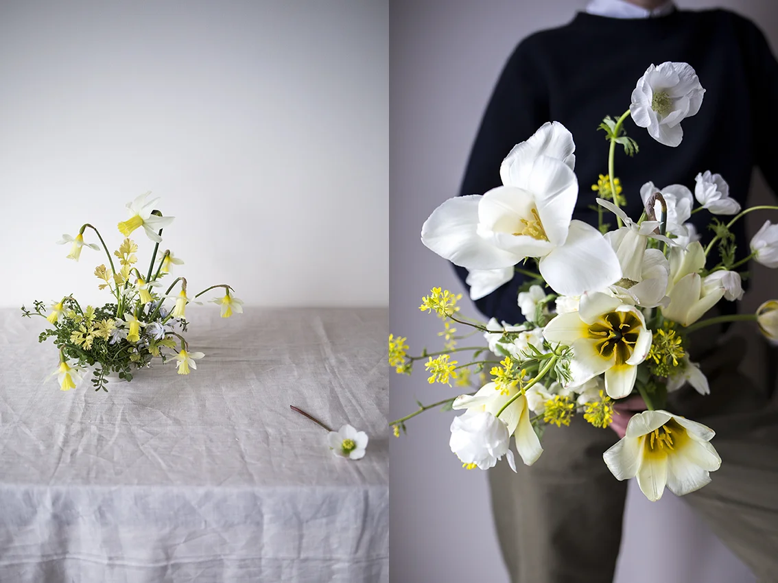 Left: a small bowl arrangement of yellowing anemone leaves, rosettes of hairy bittercress and Narcissus ‘Elka’. Right: a bouquet of tulips, Narcissus ‘Wedding Bell’, Anemone ‘Coronaria The Bride’ and charlock.