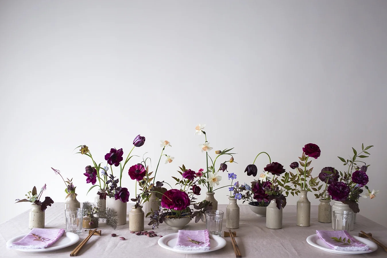 Flower School | Table styling 1:1 class: bronze, blue, plum and accents of peach in ceramic vessels