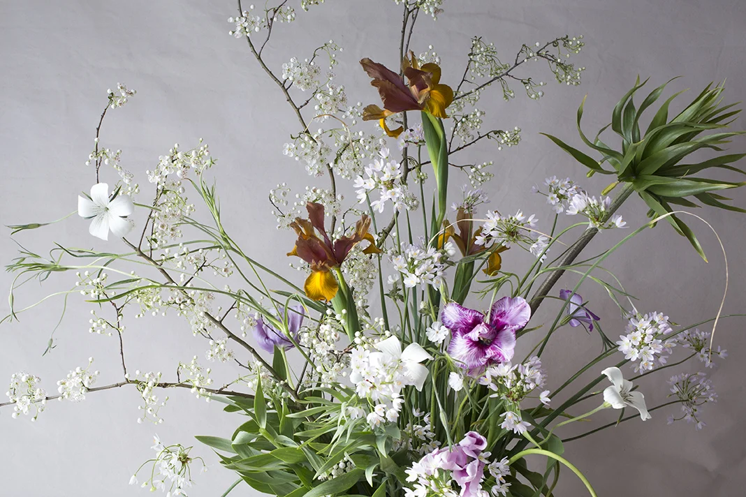 Vessel | Large & shallow resin bowl | Materials | Hawthorn, Fritillaria Imperialis, iris, tulips, corncockle & alliums