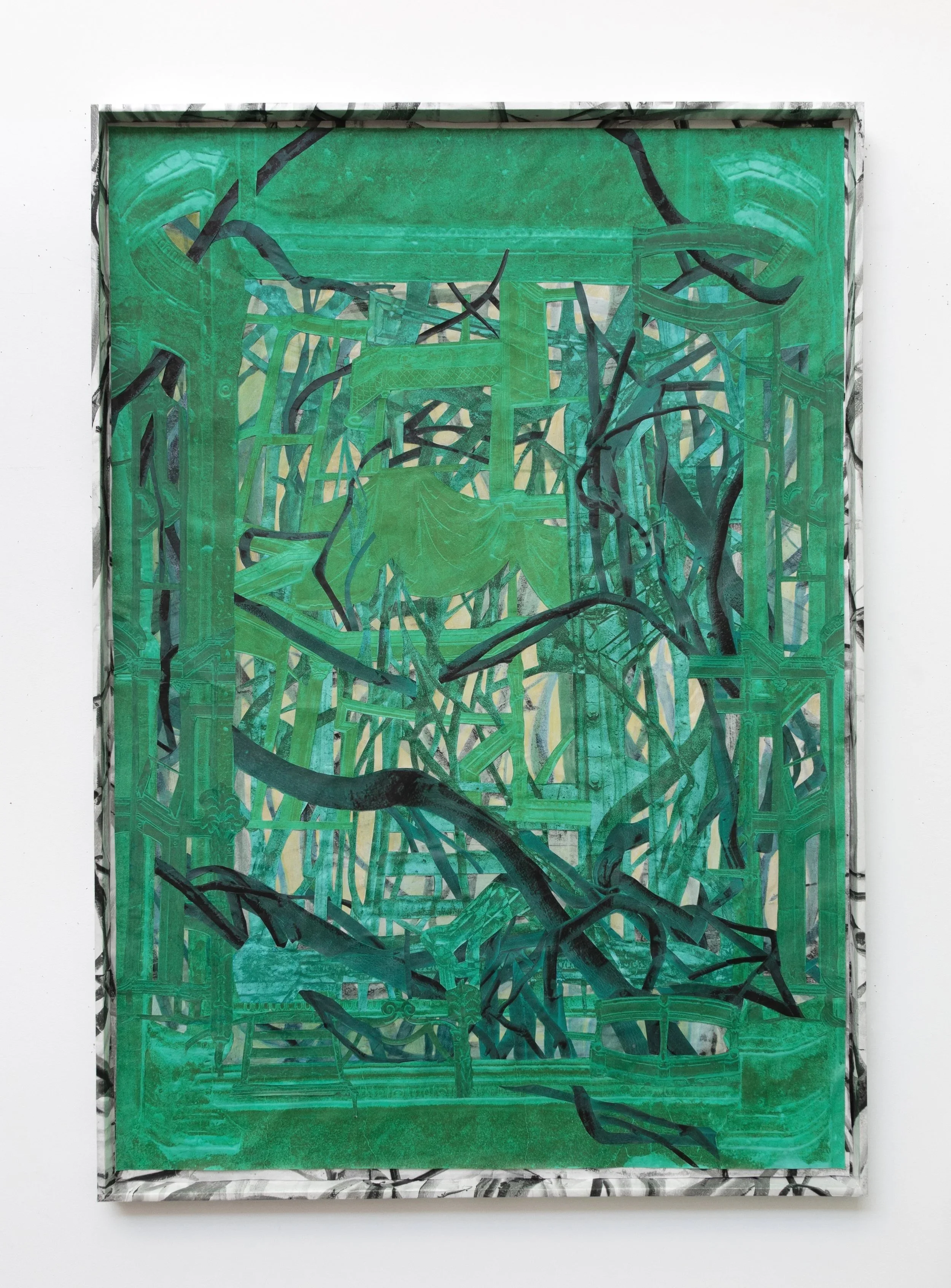Emerald City Jungle, 2023,  64" x 45" x 2", inkjet prints, colored pencil., collage. frame.