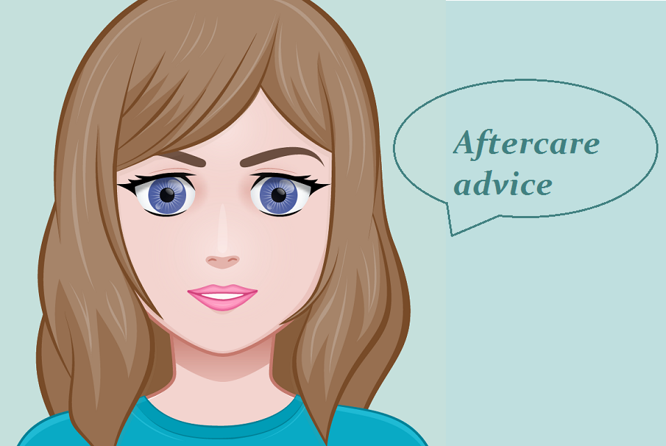 An animated woman with long brown hair and blue eyes speaking in a speech bubble that says "Aftercare advice".