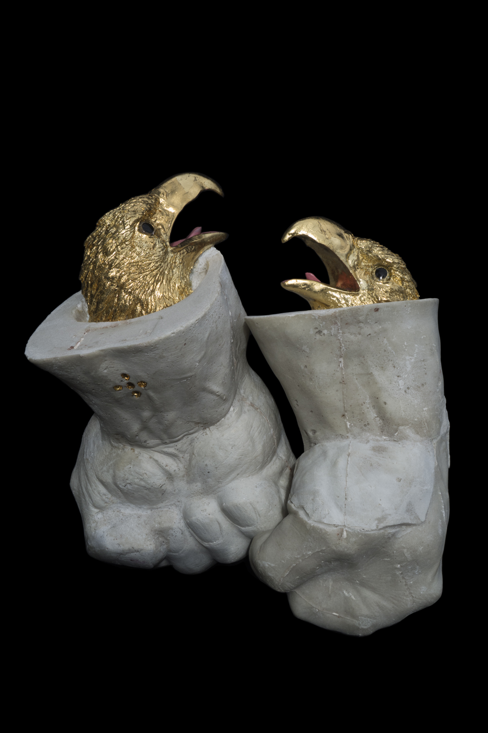 Myth of Might, 2013, cast marble, gilded plastic, 16x8x7 
