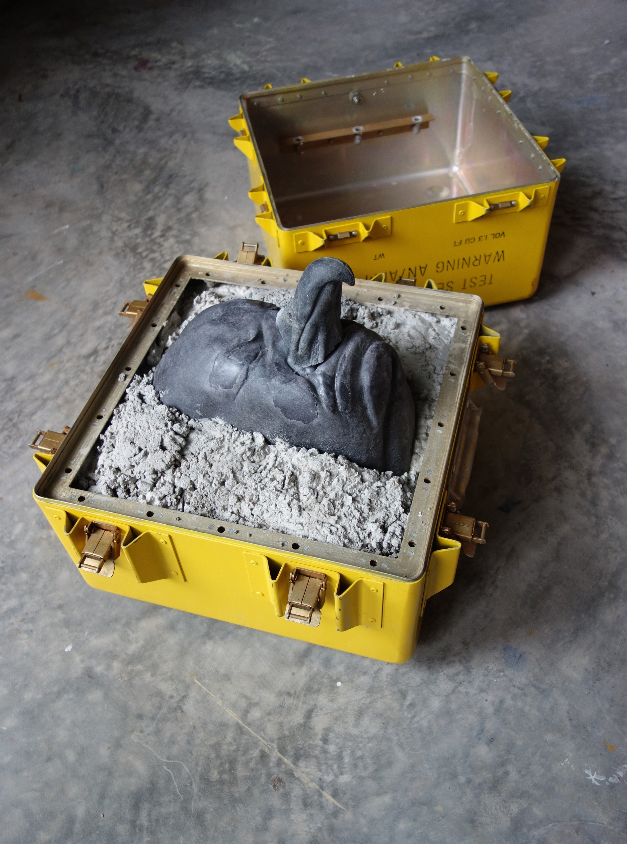 RETURN TO SENDER III: Altitude, 2015, cast cultured granite, cement and metal box, 14.75x17x17 inches each compartment