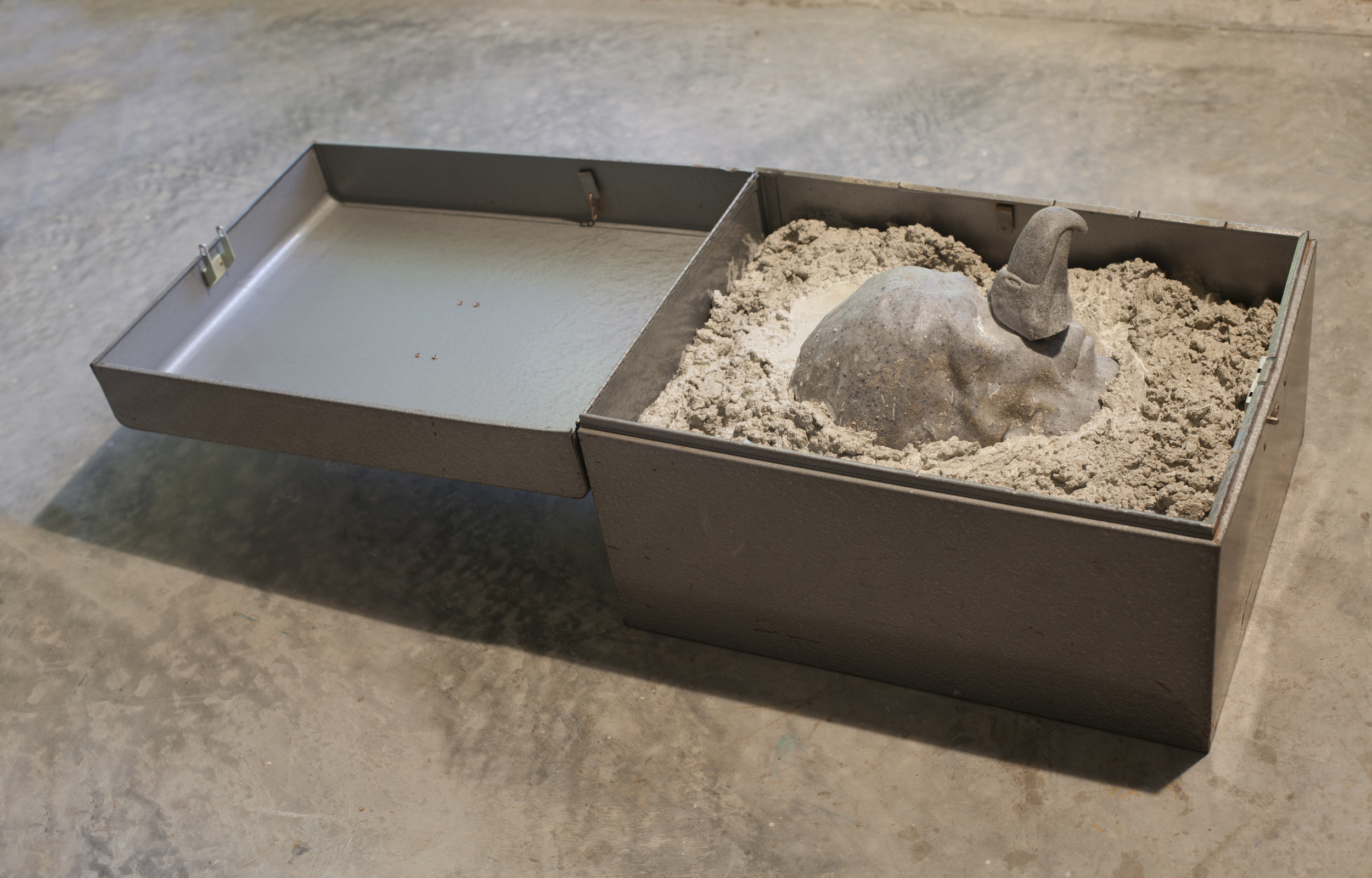 RETURN TO SENDER I, 2015, cast cultured granite, cement and metal box