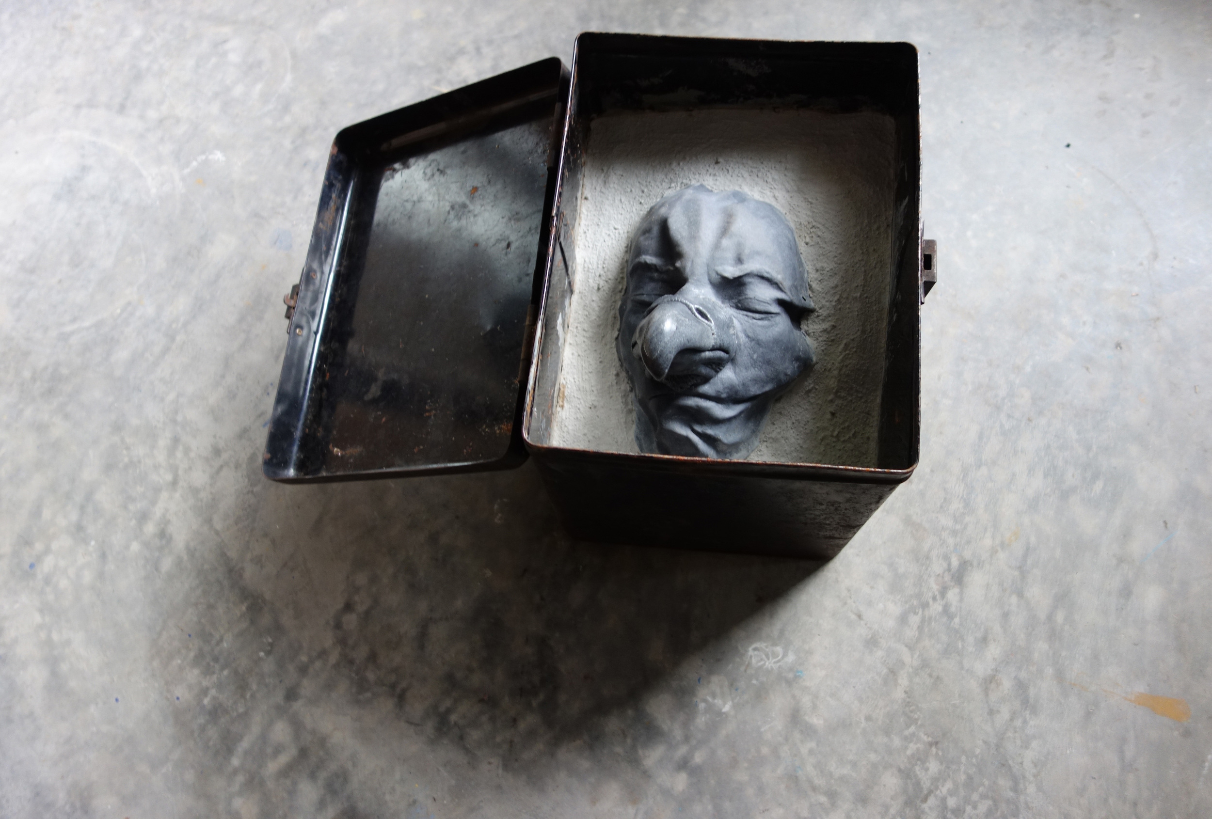 RETURN TO SENDER VI, 2015, cast cultured granite, cement and metal box 	