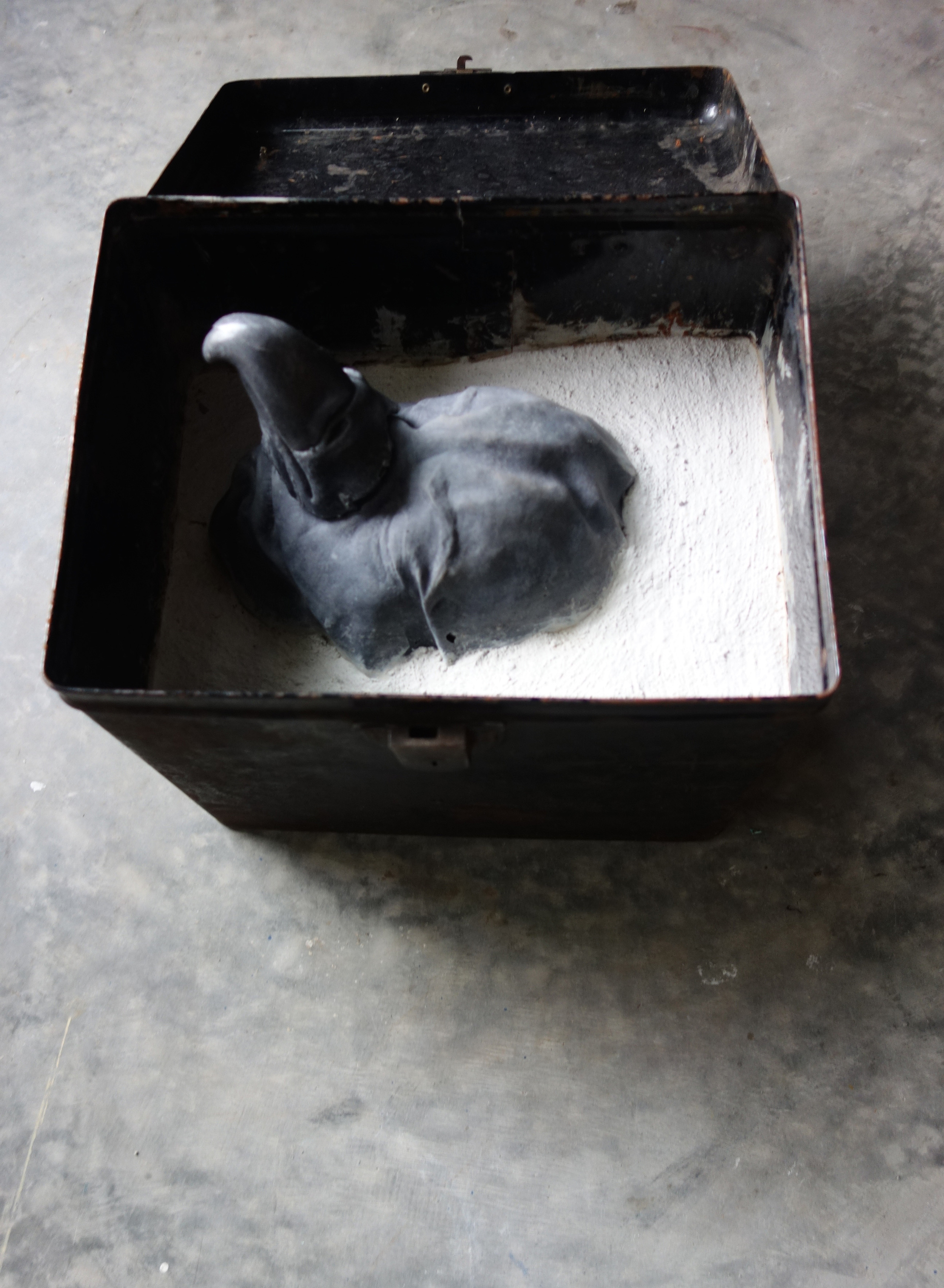 RETURN TO SENDER VI, 2015, cast cultured granite, cement and metal box