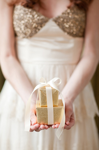 bride-bhldn-dress-gold-sequins-holding-box
