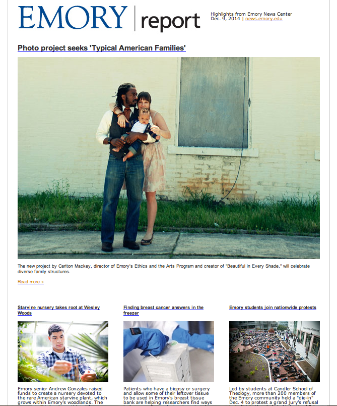 SCREEN SHOT from EMORY NEWS CENTER: Carlton Mackey, shown here with his wife, Kari, and son, Isaiah, says the photo project is "all about celebrating a spectrum of identity and family makeup in American families — and there is a spectrum in this country, just as there is within my own family." Photo by Loni Schick