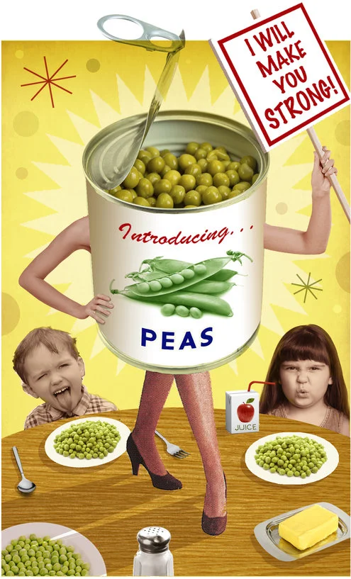 Pitching veggies to kids.