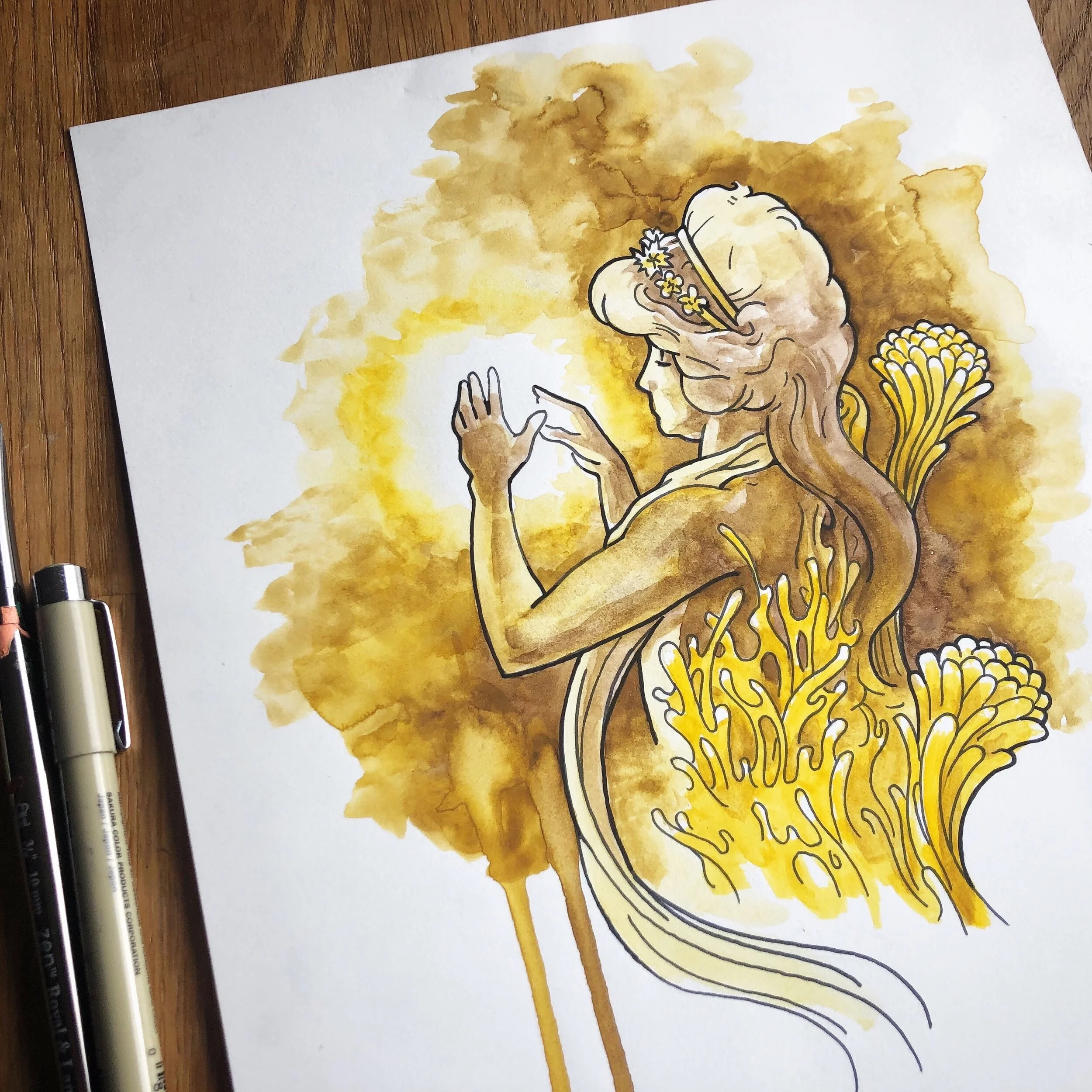  Watercolor and ink illustration.  