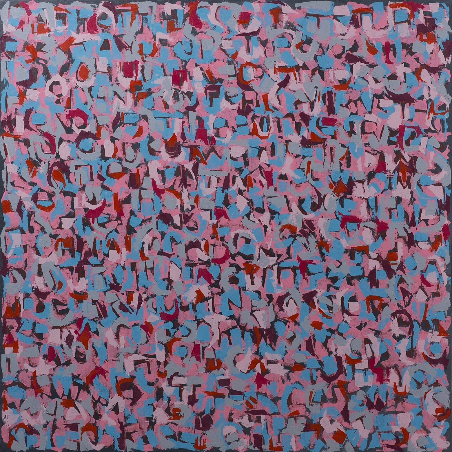  He'd known all along she was there, and kept it a secret. (Martin, Chris, Heather, Toby, Cooper, Sage, Courtney, Zoe).  48 x 48 in. 122 x 122 cm  oil and oil stick on canvas  2017 