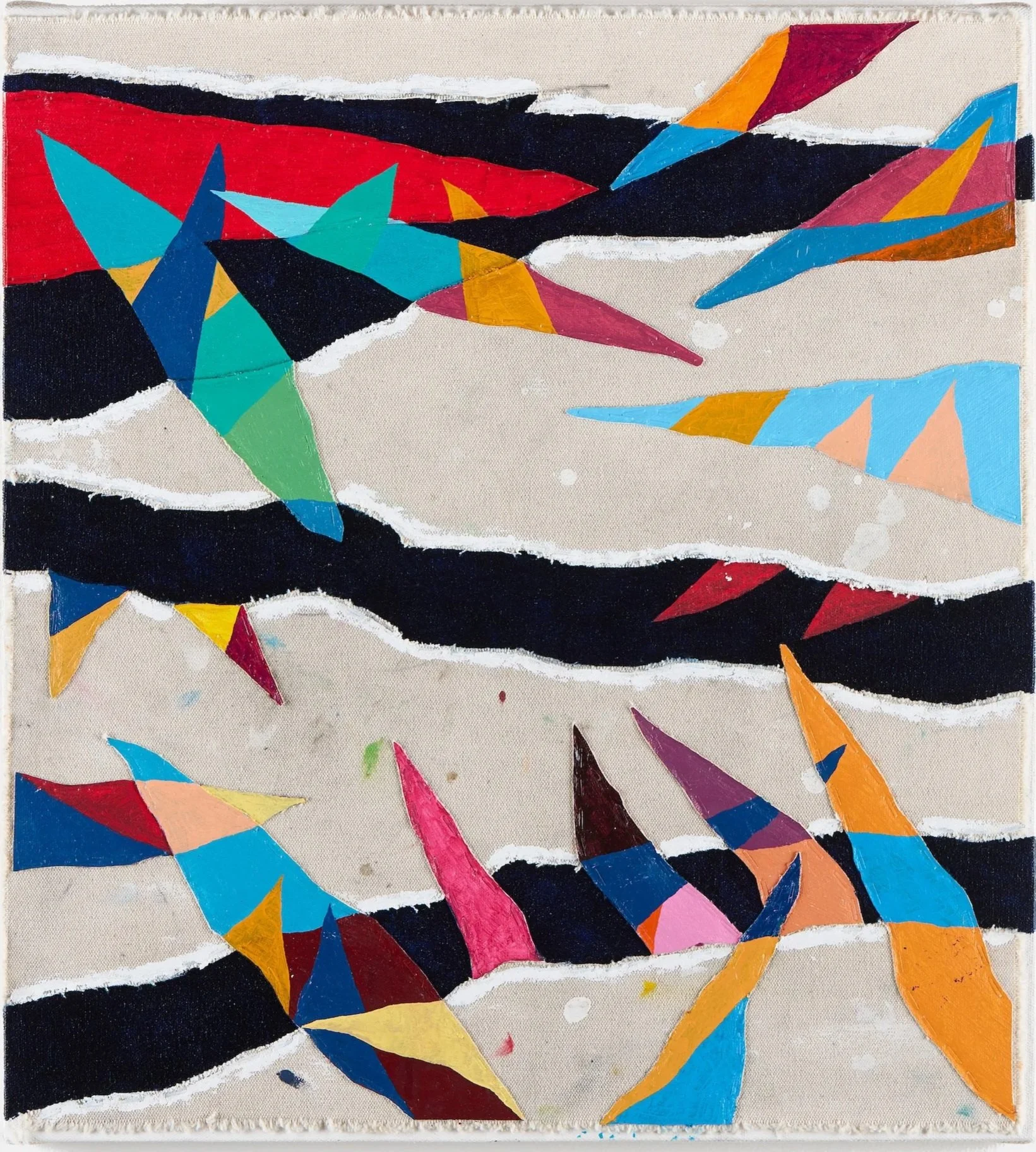 Outlaw Fury.    Oil, appliqué, and staples on canvas over mounted panel.   20 x 18 1/4 in. 51 x 46 cm.  2025.