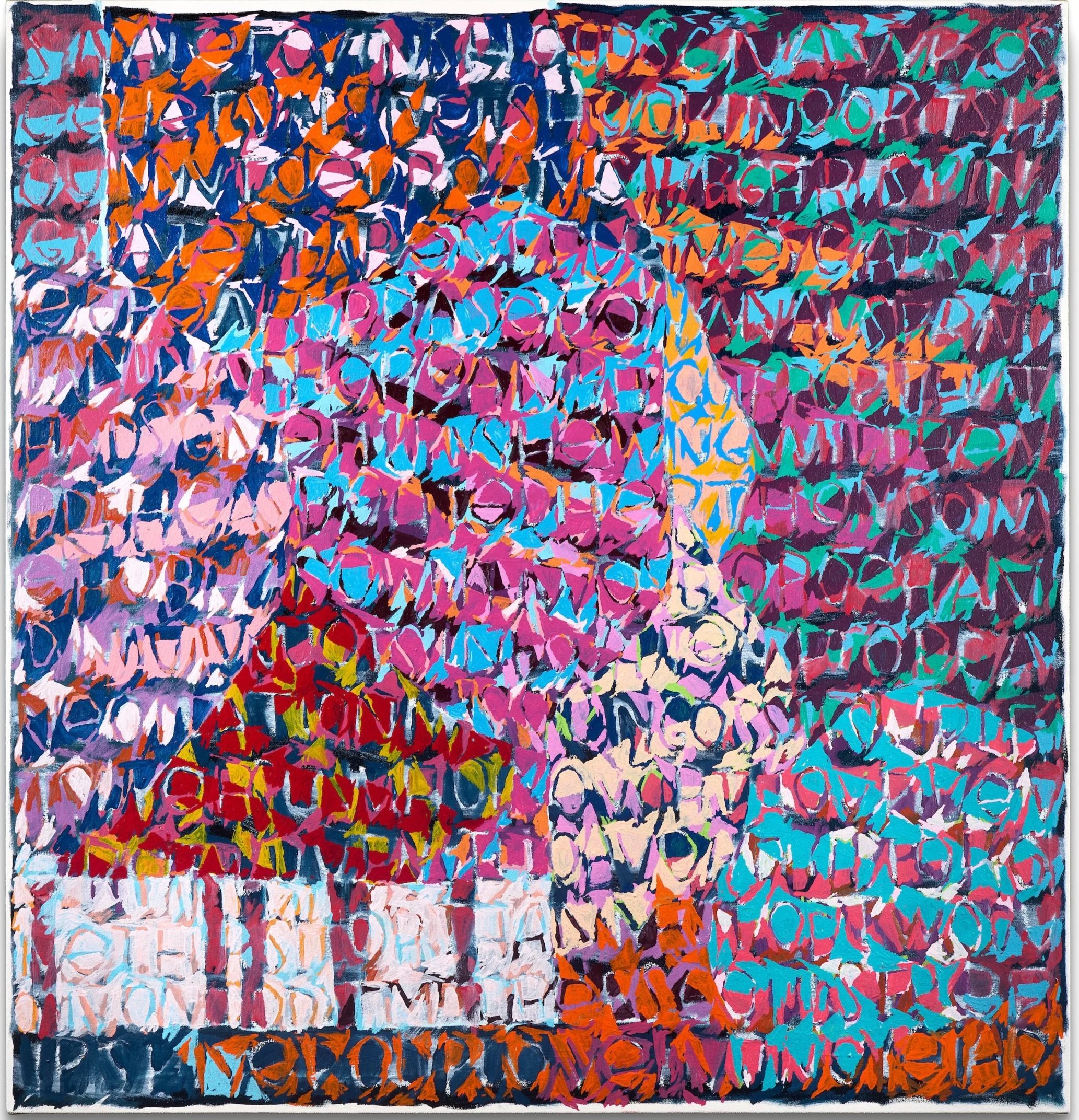  ﻿There's a world where I can go and tell my secrets to.    Oil and oil pastel&nbsp;on canvas.   42 x 40 in. 107 x 102 cm.  2025.  