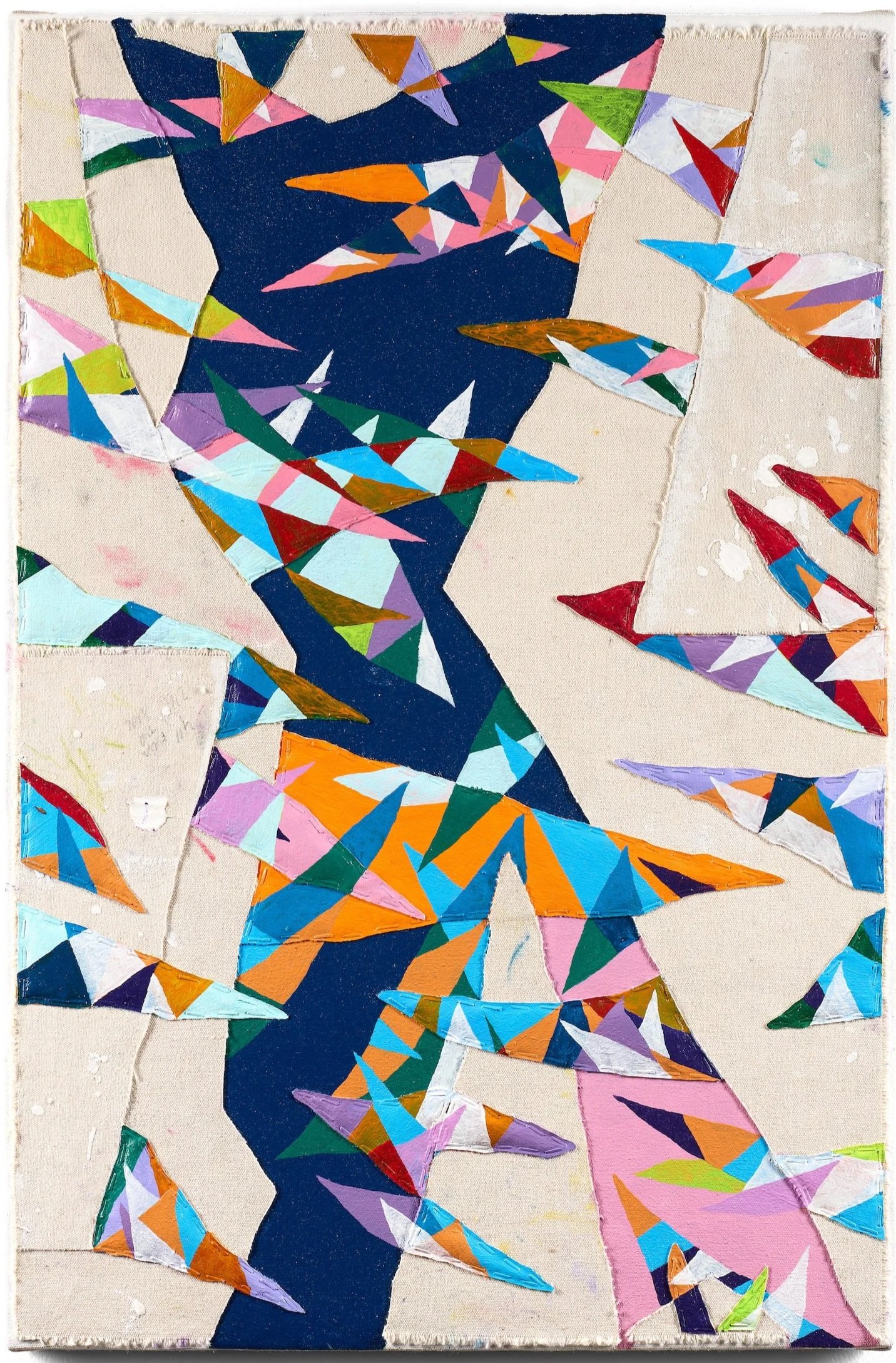  Star Dust.    Oil, appliqué, and staples on canvas over mounted panel.&nbsp;  30 x 20 in. 76 x 51 cm.  2025.  