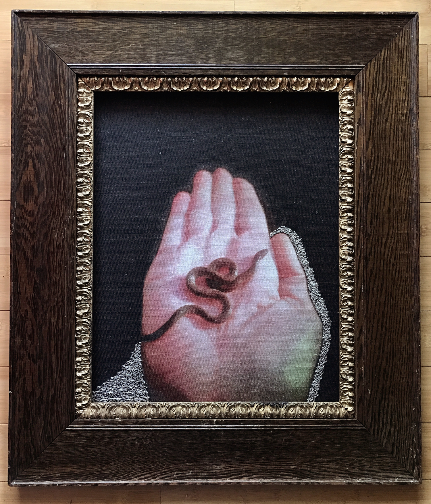 Nancy Mims, "Eve Enlightens the Serpent," 2017. Photograph on Belgian linen, silver thread, antique frame, antique lace on verso.