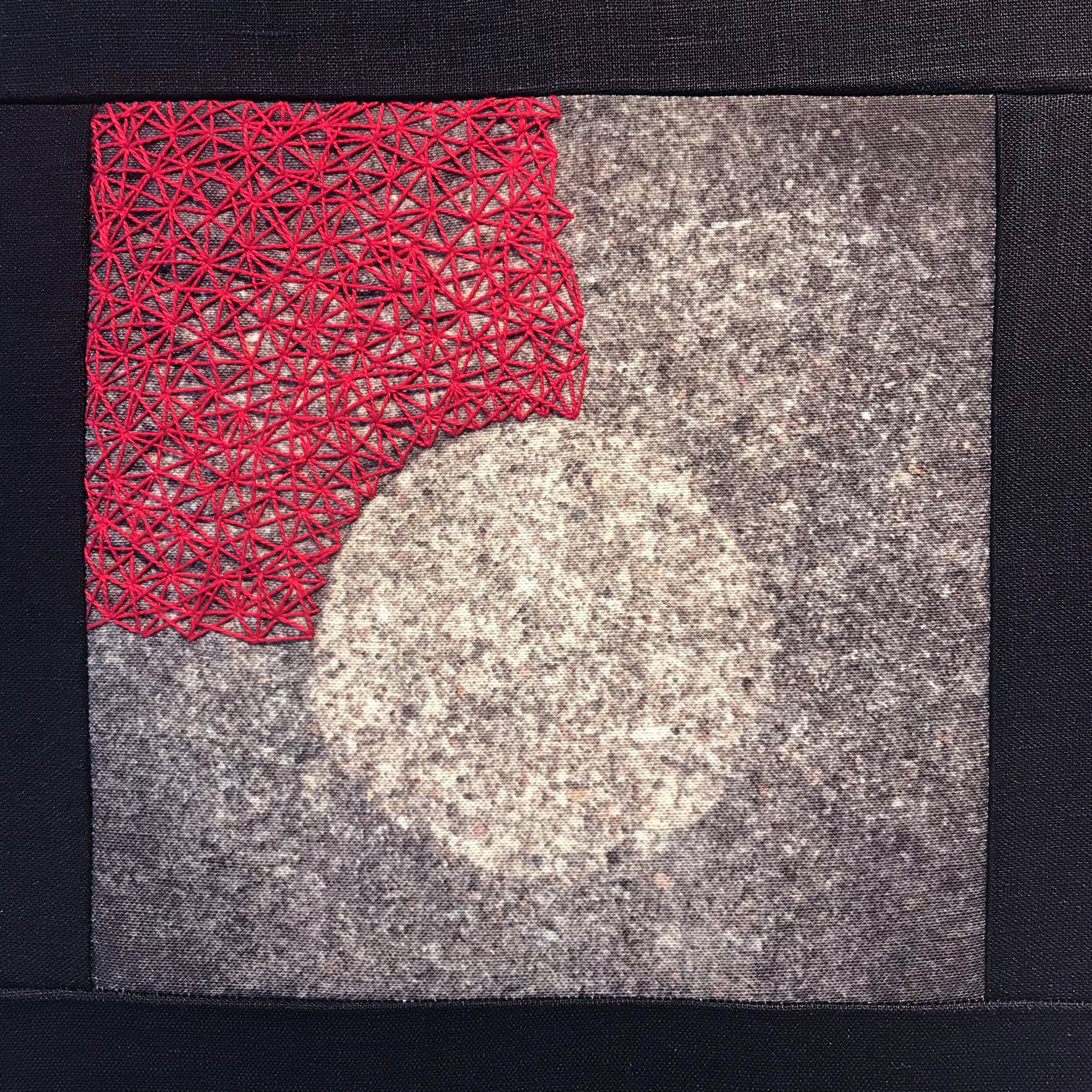  iPhone photograph on linen-cotton stitched quilt square, embroidery thread. ©Nancy Mims 