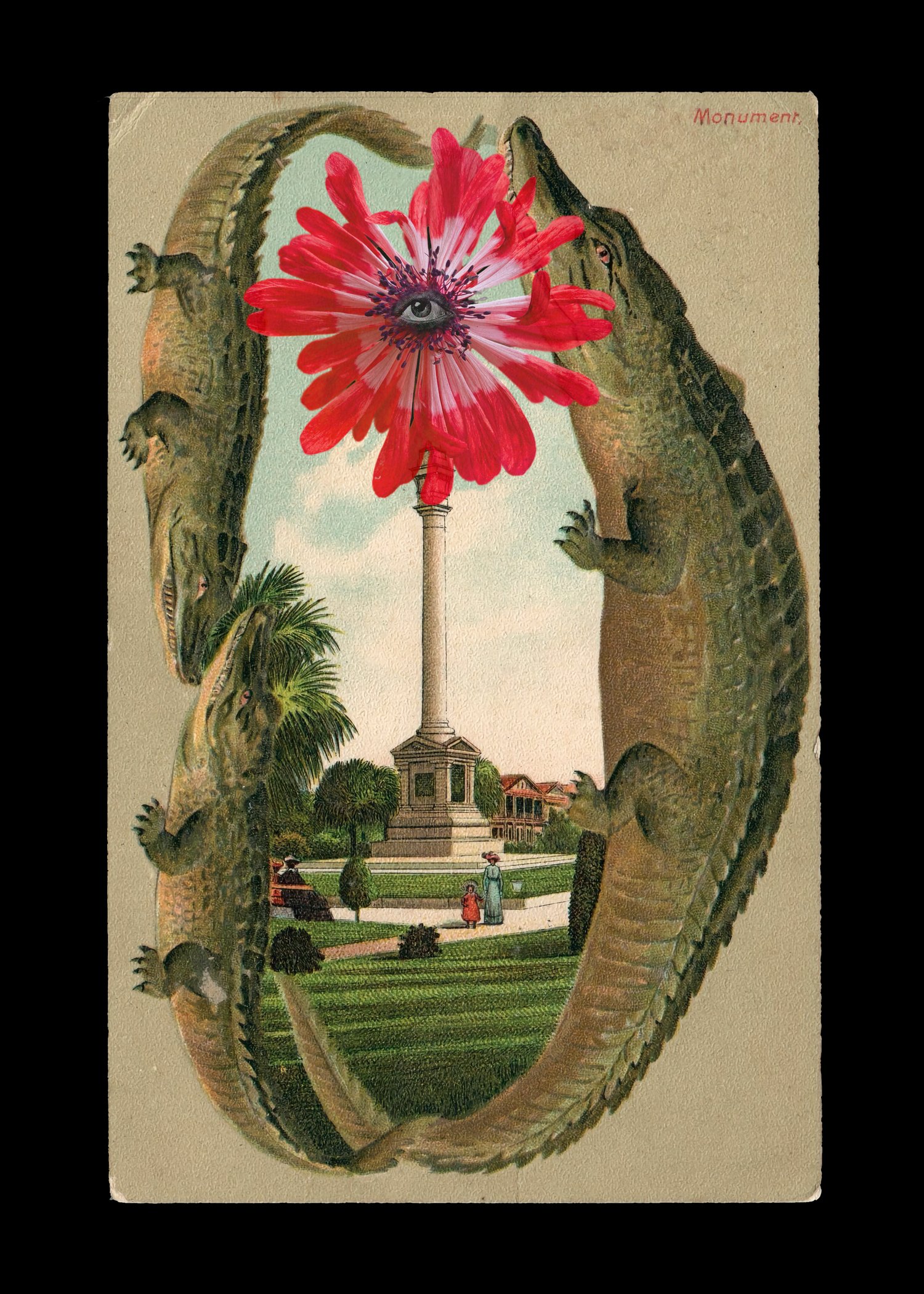  Digital collage: erased antique postcard of early 20th century Lost Cause propaganda, iPhone photograph of flower, eye  ©Nancy Mims  