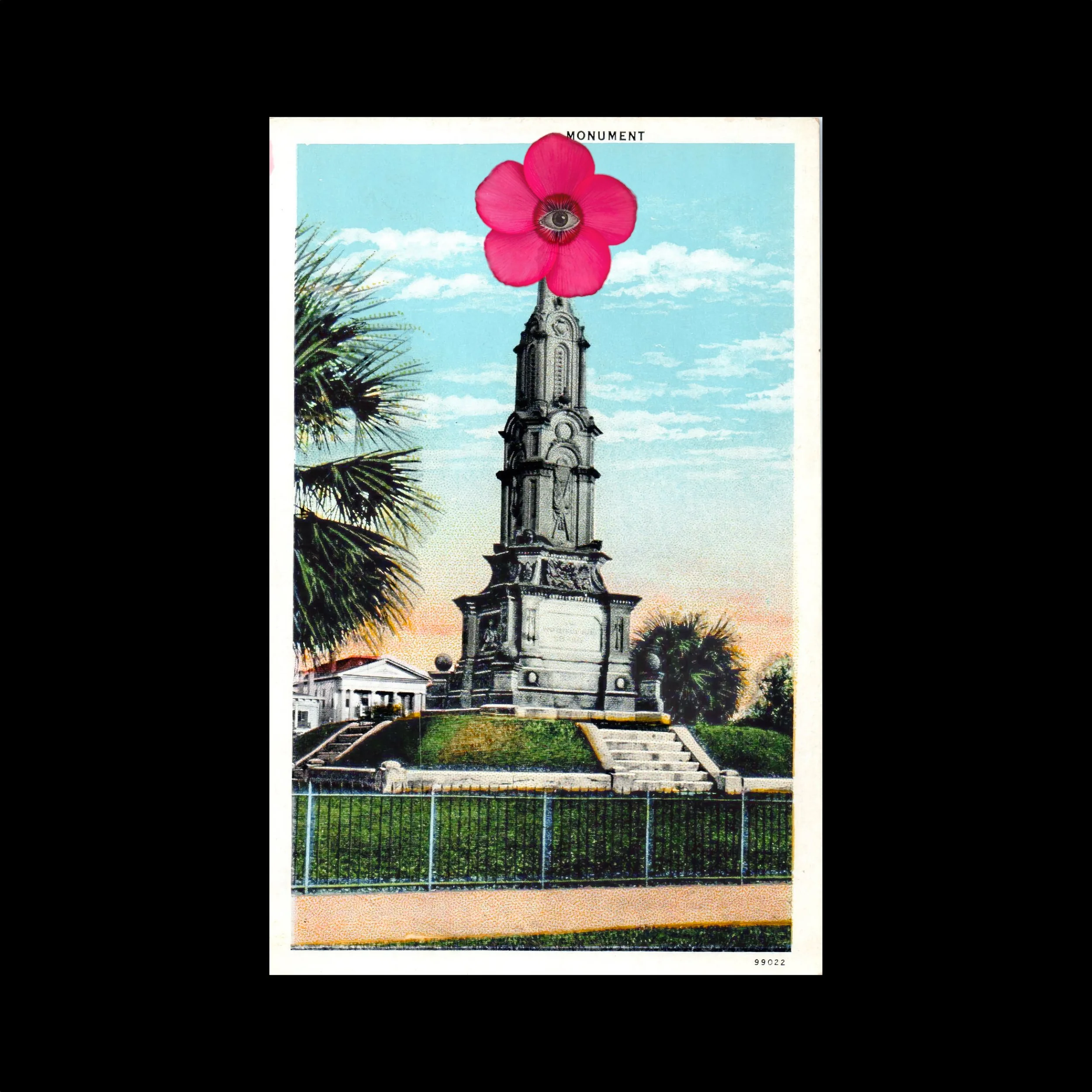  Digital collage: erased antique postcard of early 20th century Lost Cause propaganda, iPhone photograph of flower, eye  ©Nancy Mims  