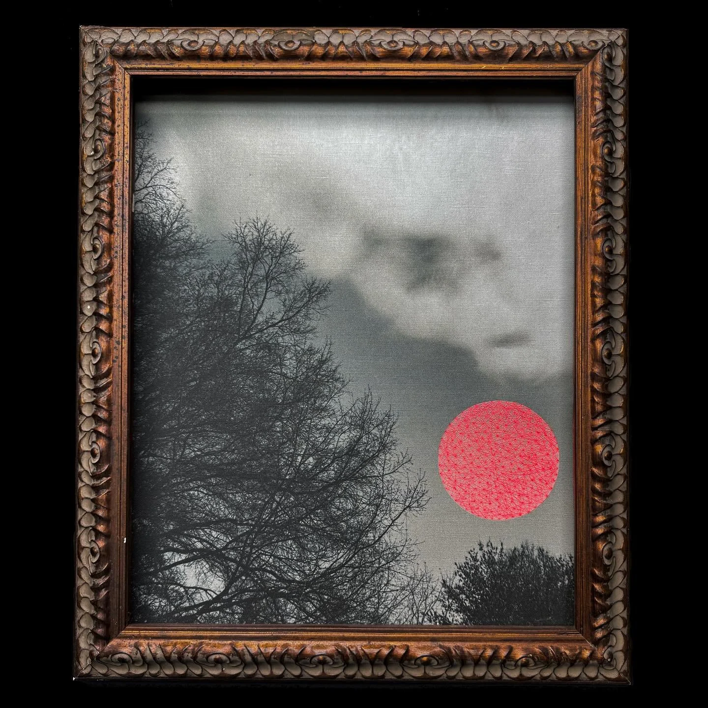 The moon glows the same,
It is the drifting cloud forms
Make it seem to change.
&mdash;Matsuo Bashō

The Sky Looms

iPhone photos on cotton-linen, vintage frames, embroidery thread