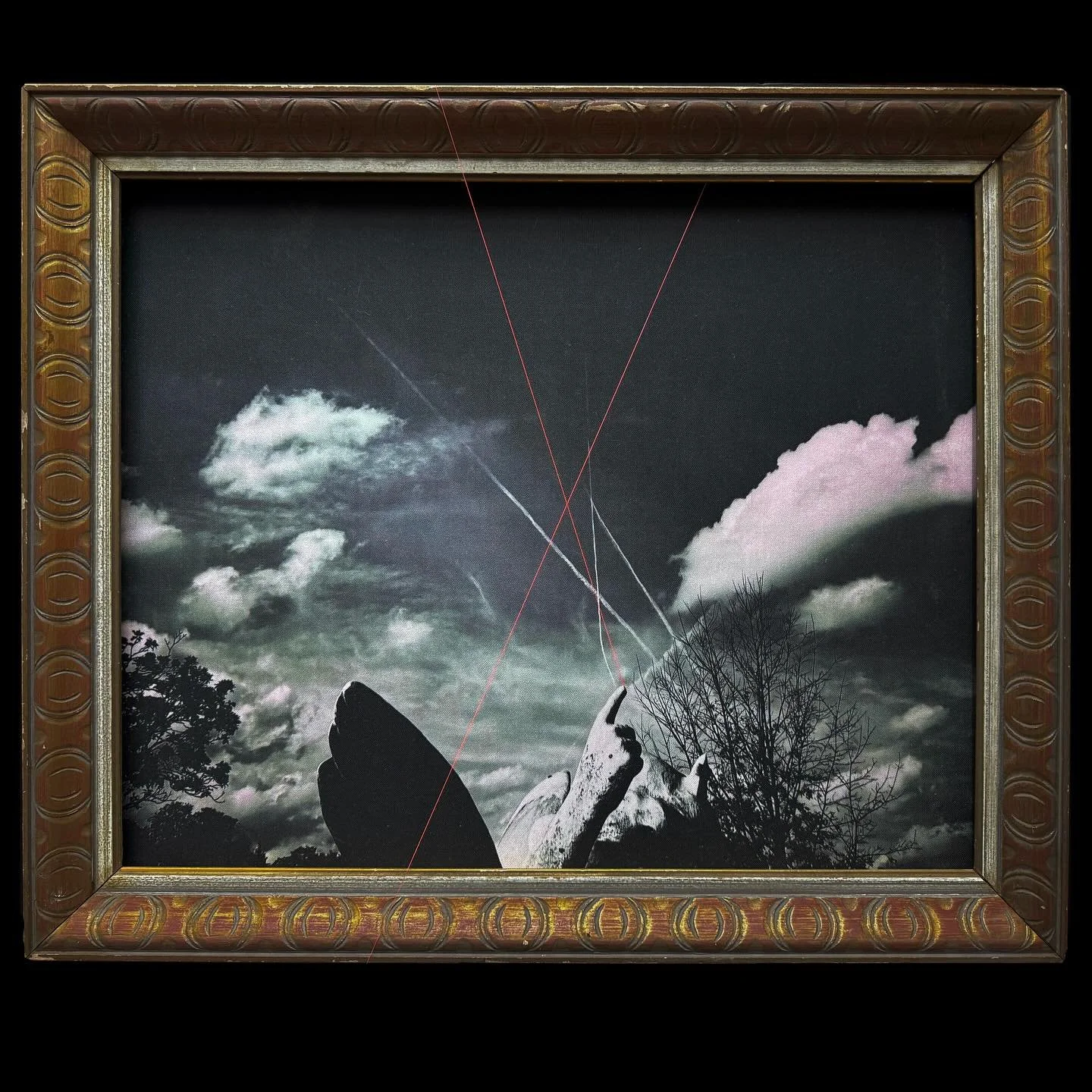 Raptured
The Sky Looms

iPhone photo on cotton-linen, vintage frame, embroidery thread