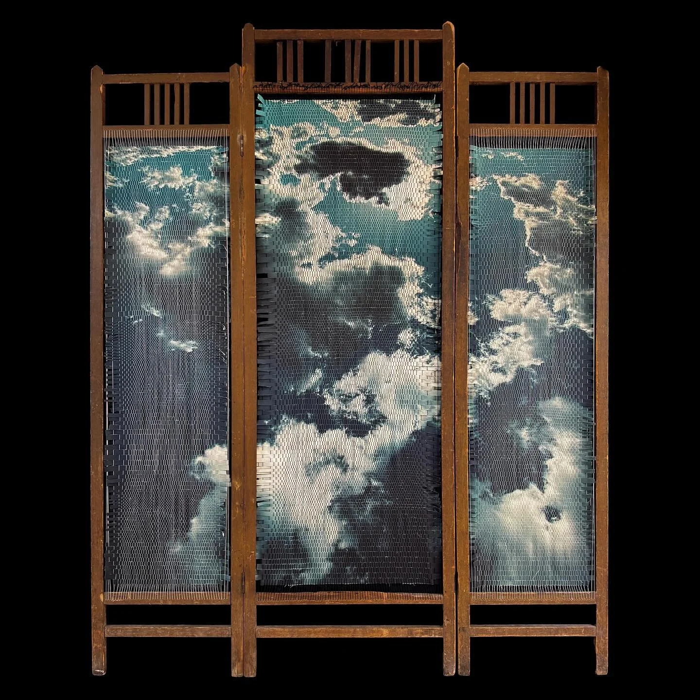 Triptych/Divider 
The Sky Looms 

iPhone photograph on cotton-linen, cotton string, vintage triptych frame