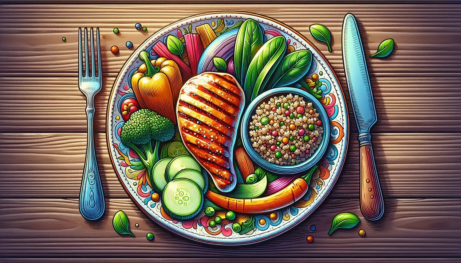stylized plate of food. vegetables and meat with grains