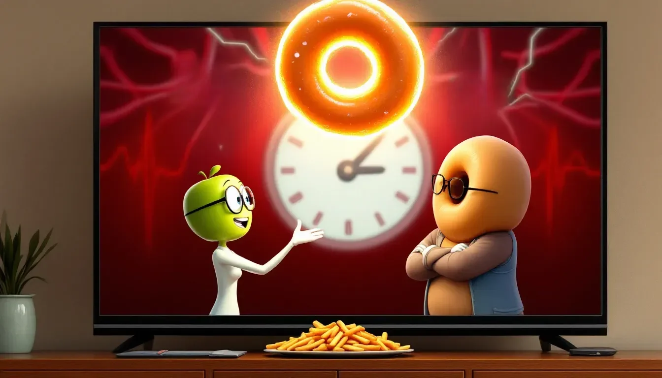 stylized image of a personified apple and donut discussing sugar on a TV with french fries in front of the TV.